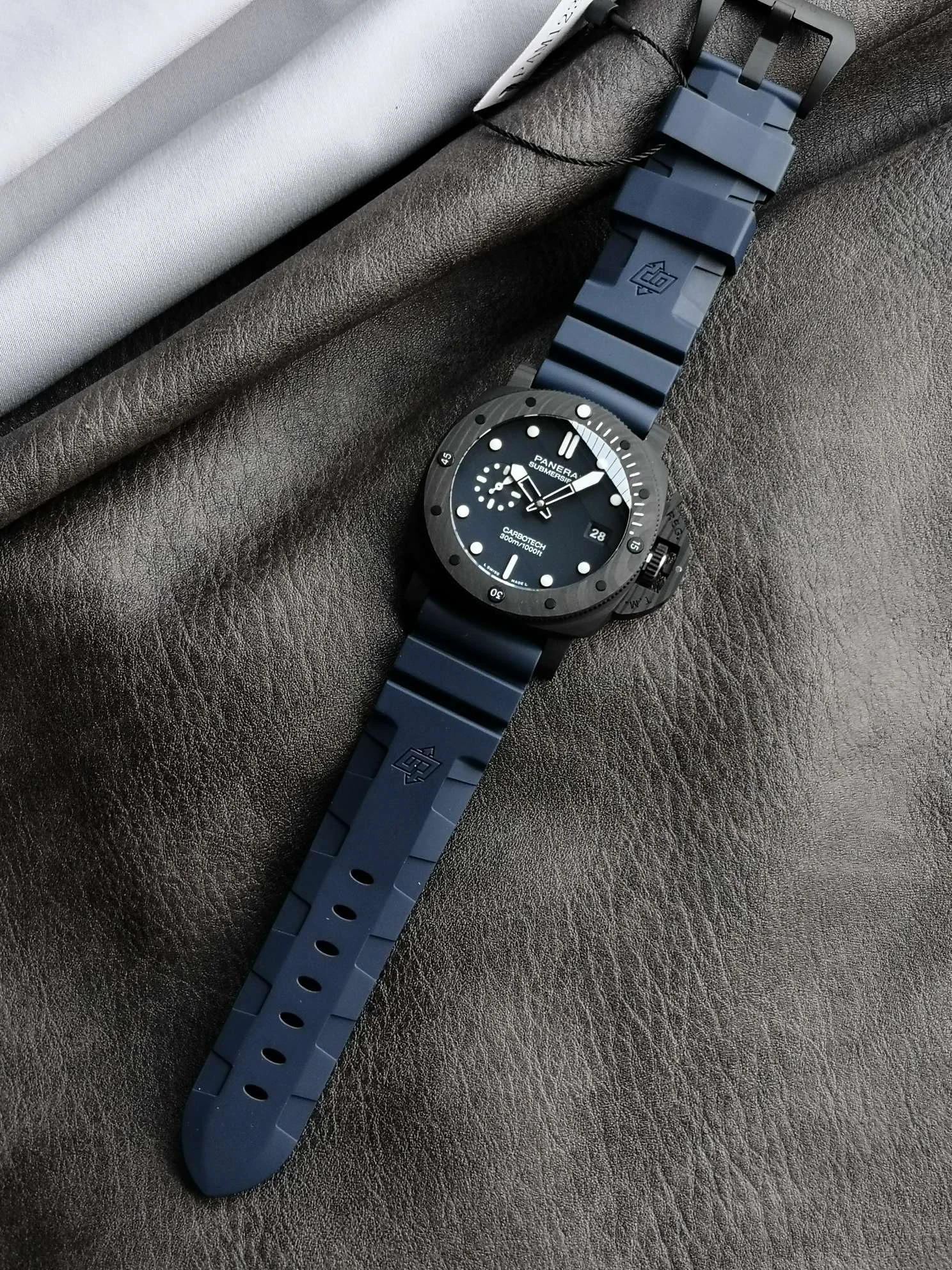Panerai Carbon Blue Dial PAM01232 — photographed off the sweep