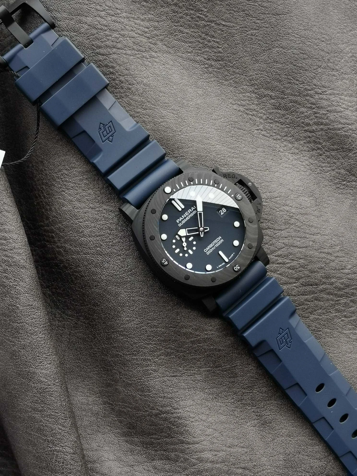 Panerai Carbon Blue Dial PAM01232 — photographed off the sweep