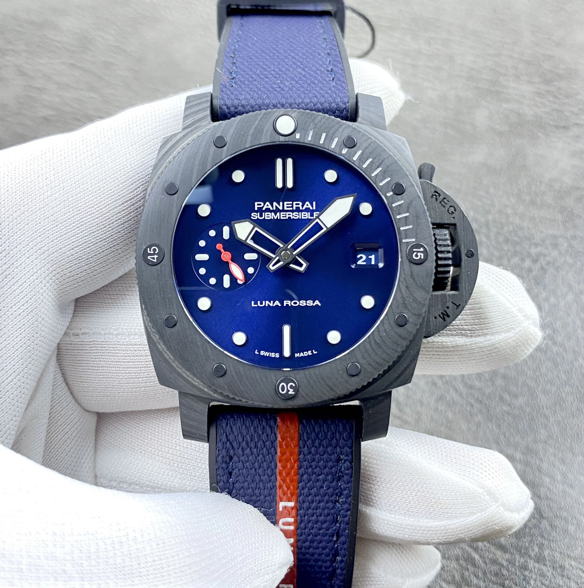 Panerai Carbon Blue Dial PAM01563 — photographed off the sweep