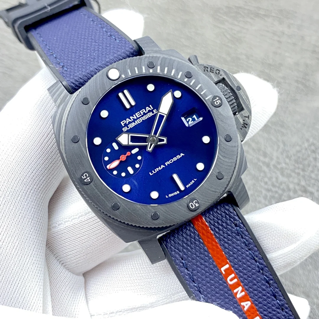 Panerai Carbon Blue Dial PAM01563 — photographed off the sweep