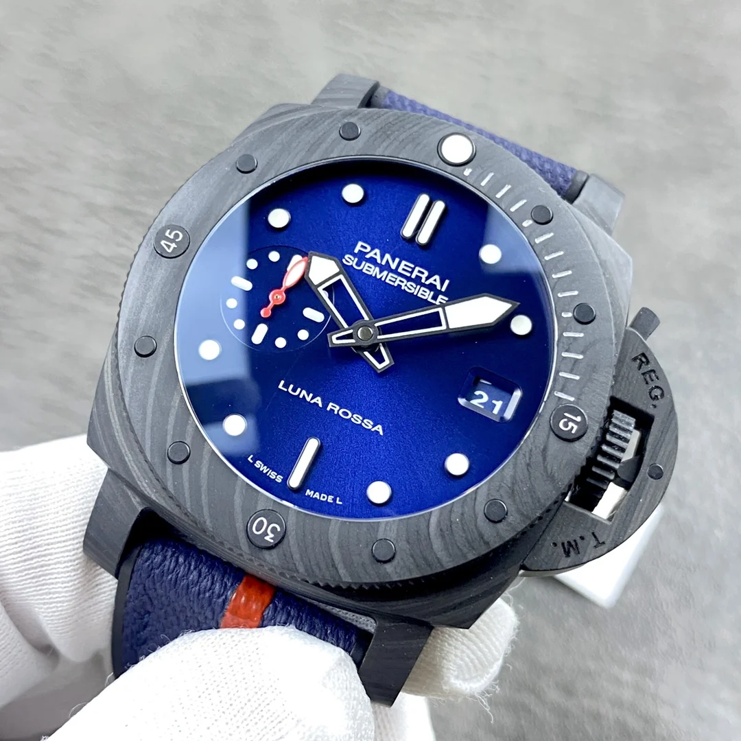 Panerai Carbon Blue Dial PAM01563 — photographed off the sweep