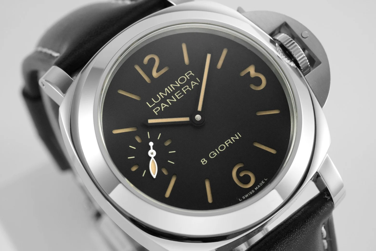 Panerai Luminor Steel Black Dial PAM01084 44mm — photographed off the sweep