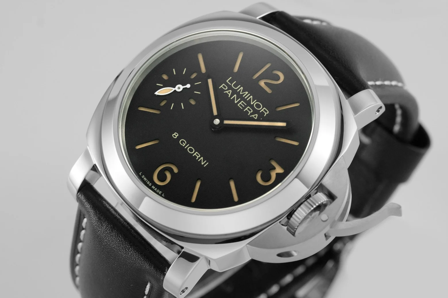 Panerai Luminor Steel Black Dial PAM01084 44mm — photographed off the sweep