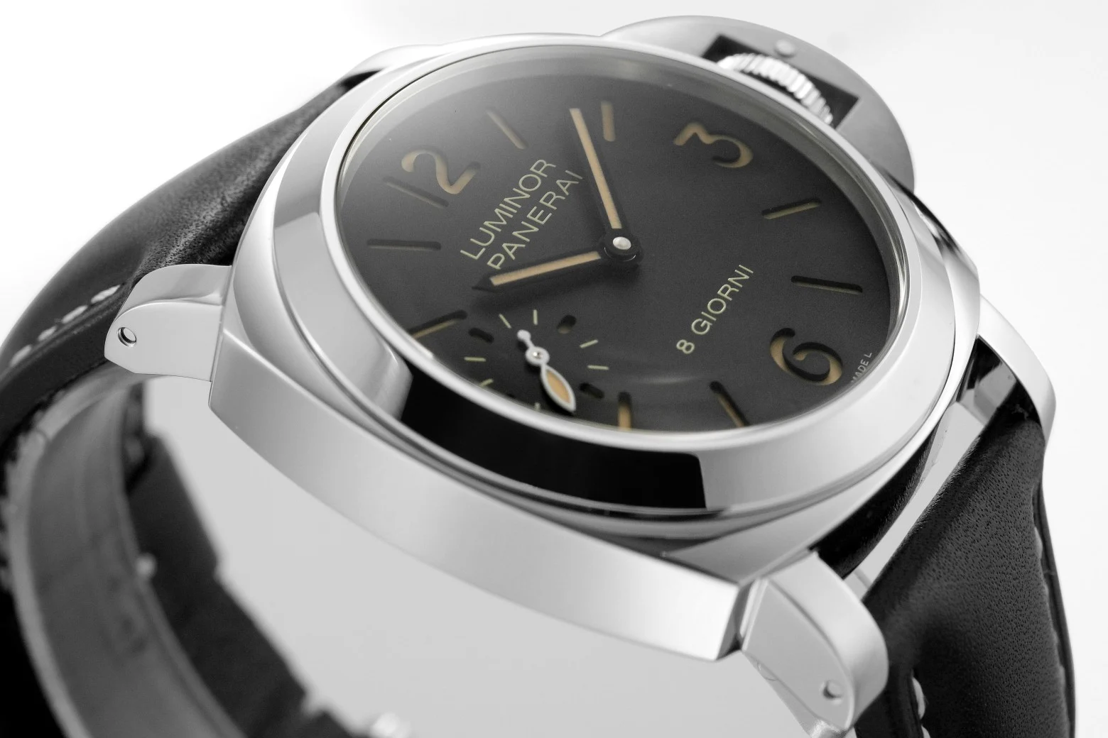 Panerai Luminor Steel Black Dial PAM01084 44mm — photographed off the sweep