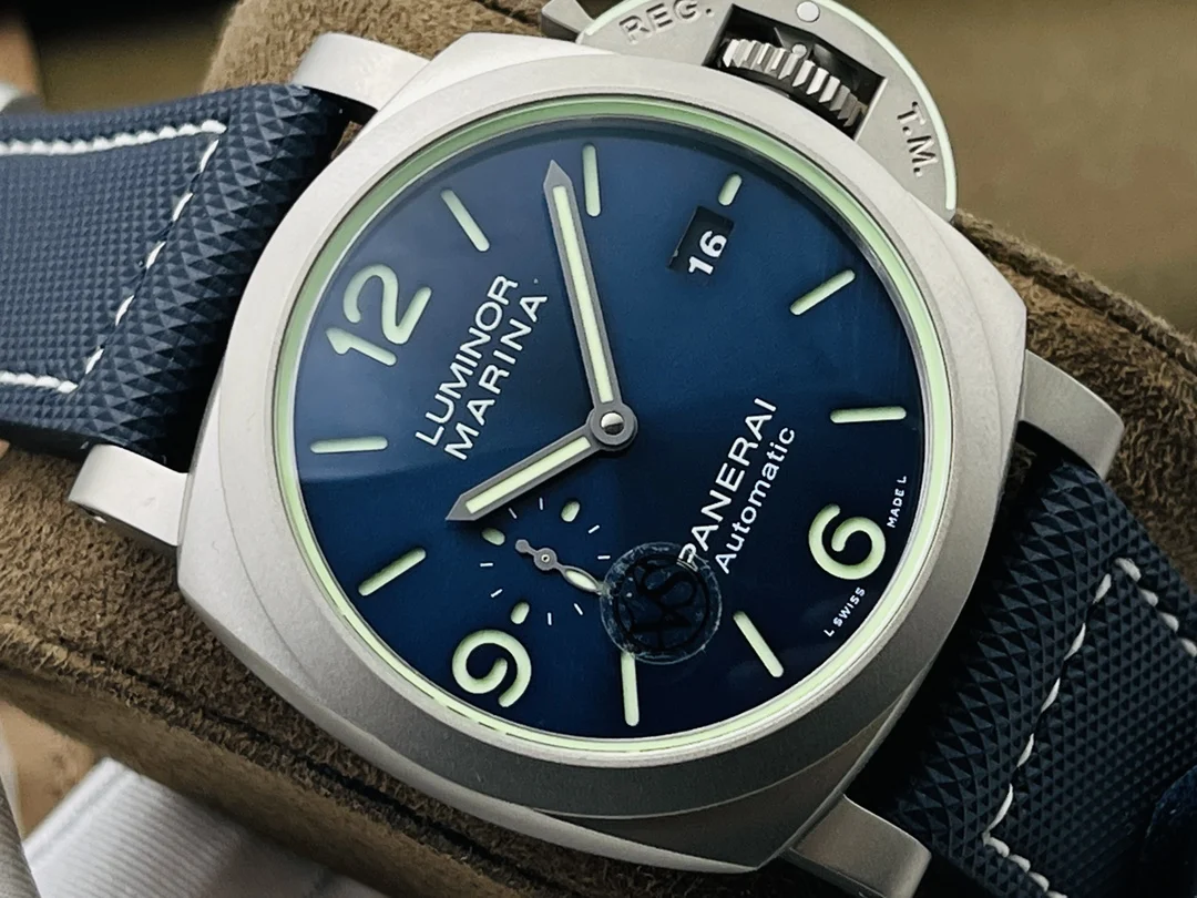 Panerai Titanium Blue Dial PAM01117 44mm — photographed off the sweep