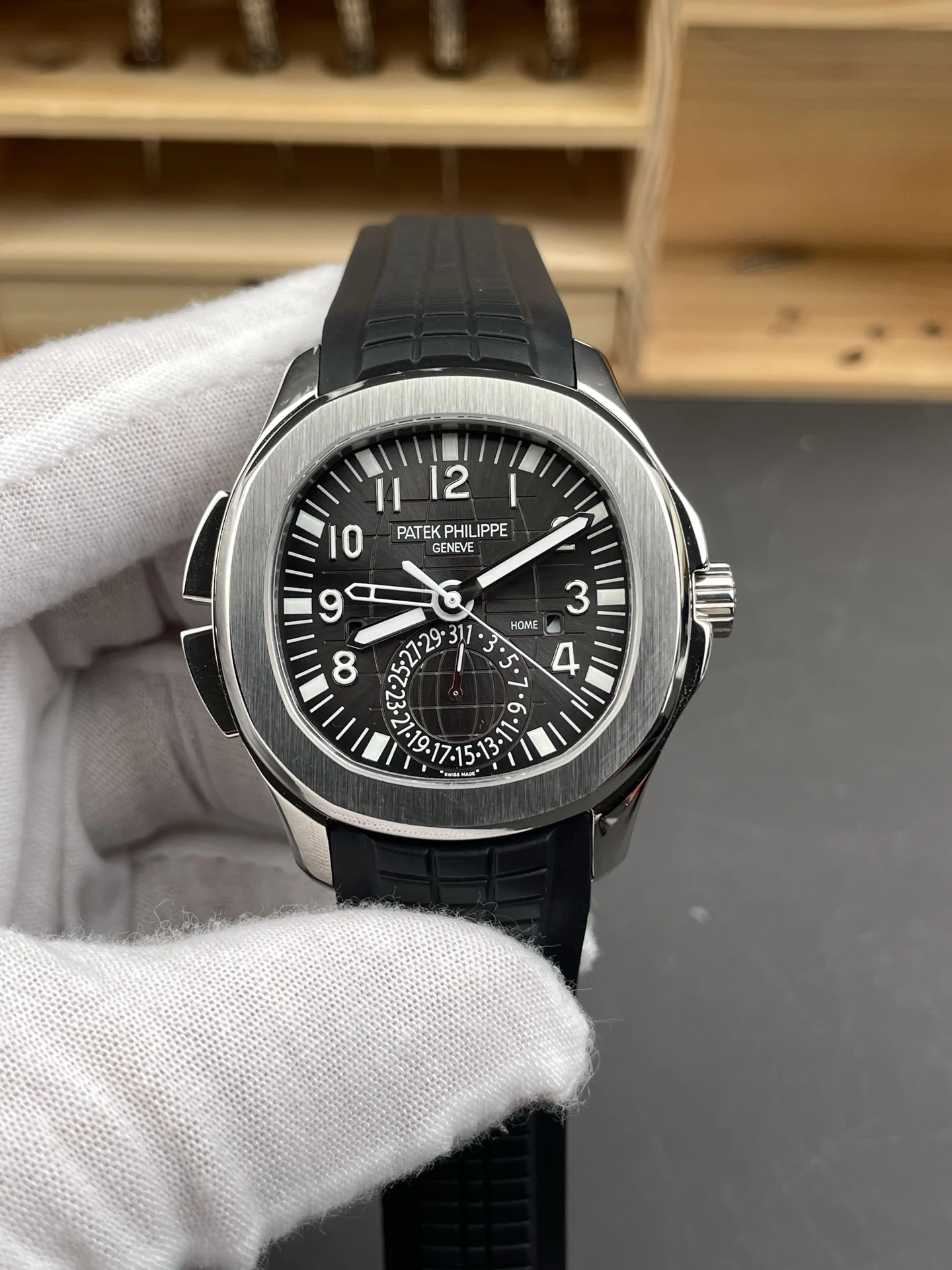 Patek Philippe Aquanaut Black Dial 5164 — photographed off the sweep