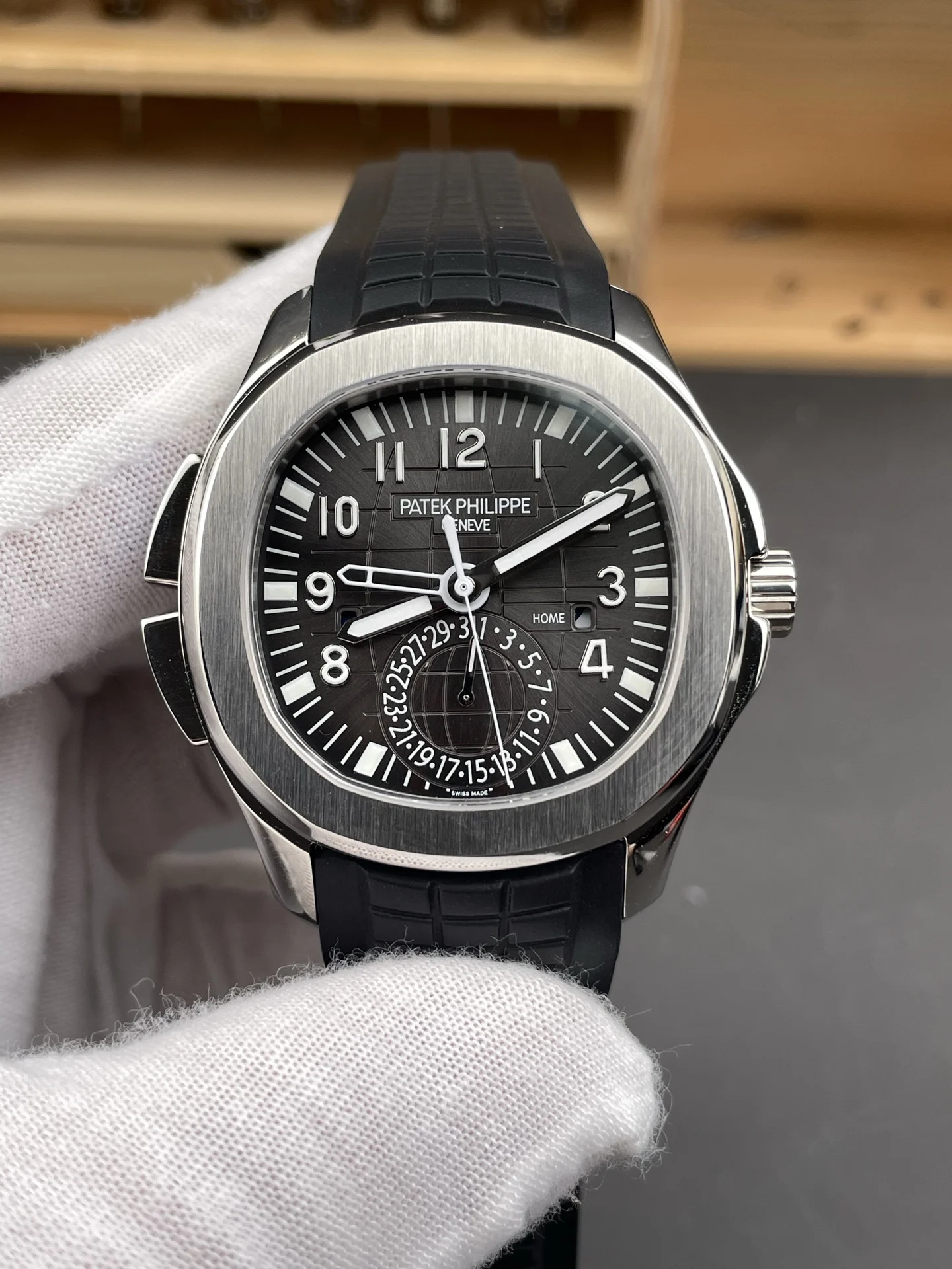 Patek Philippe Aquanaut Black Dial 5164 — photographed off the sweep