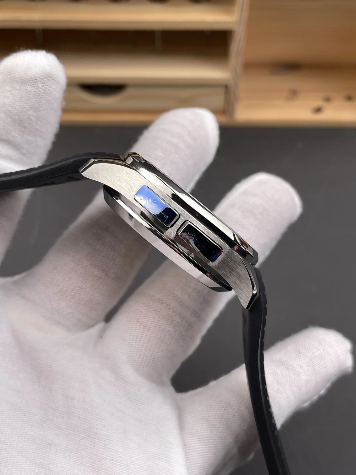 Patek Philippe Aquanaut Black Dial 5164 — photographed off the sweep