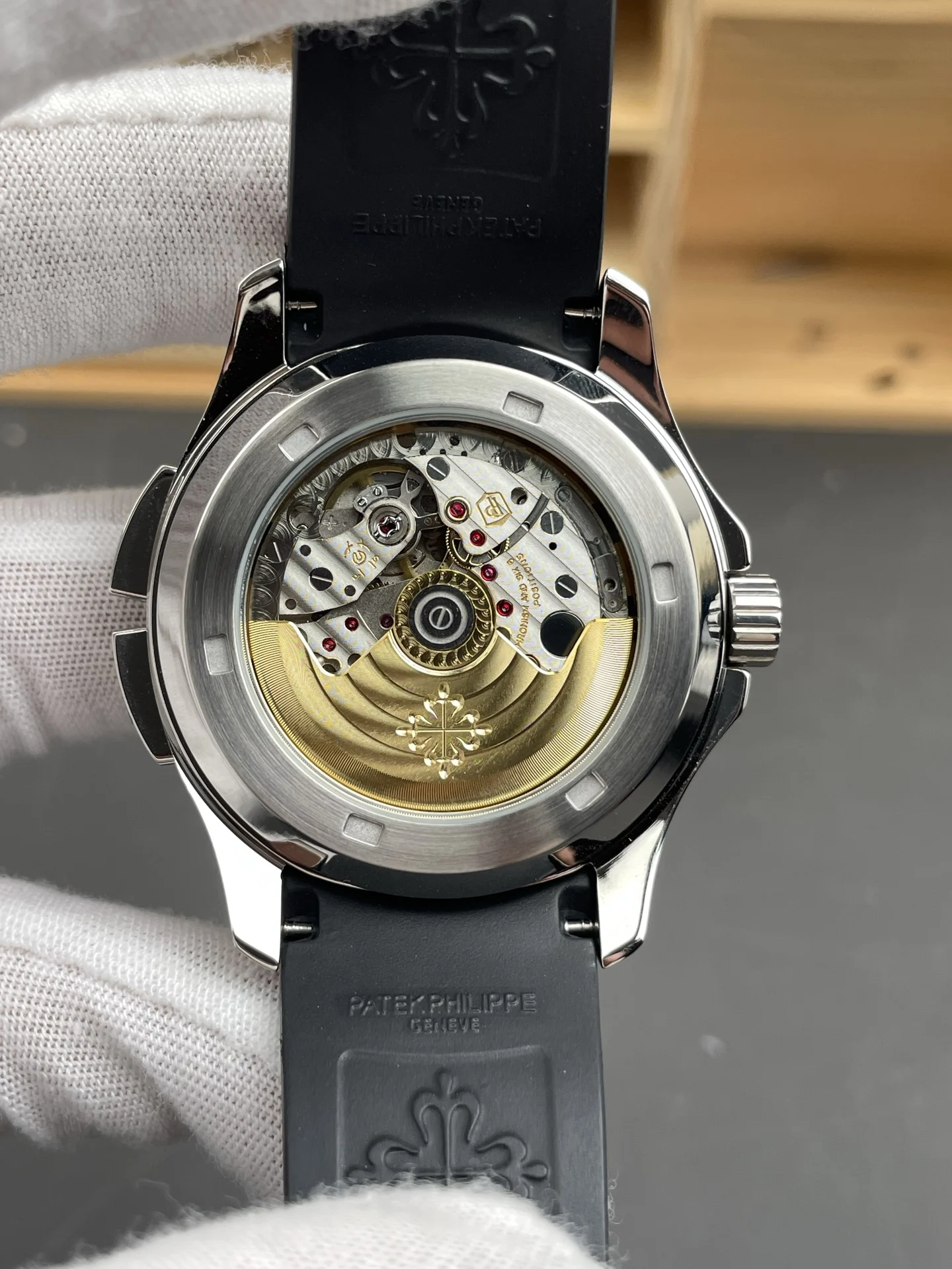 Patek Philippe Aquanaut Black Dial 5164 — photographed off the sweep