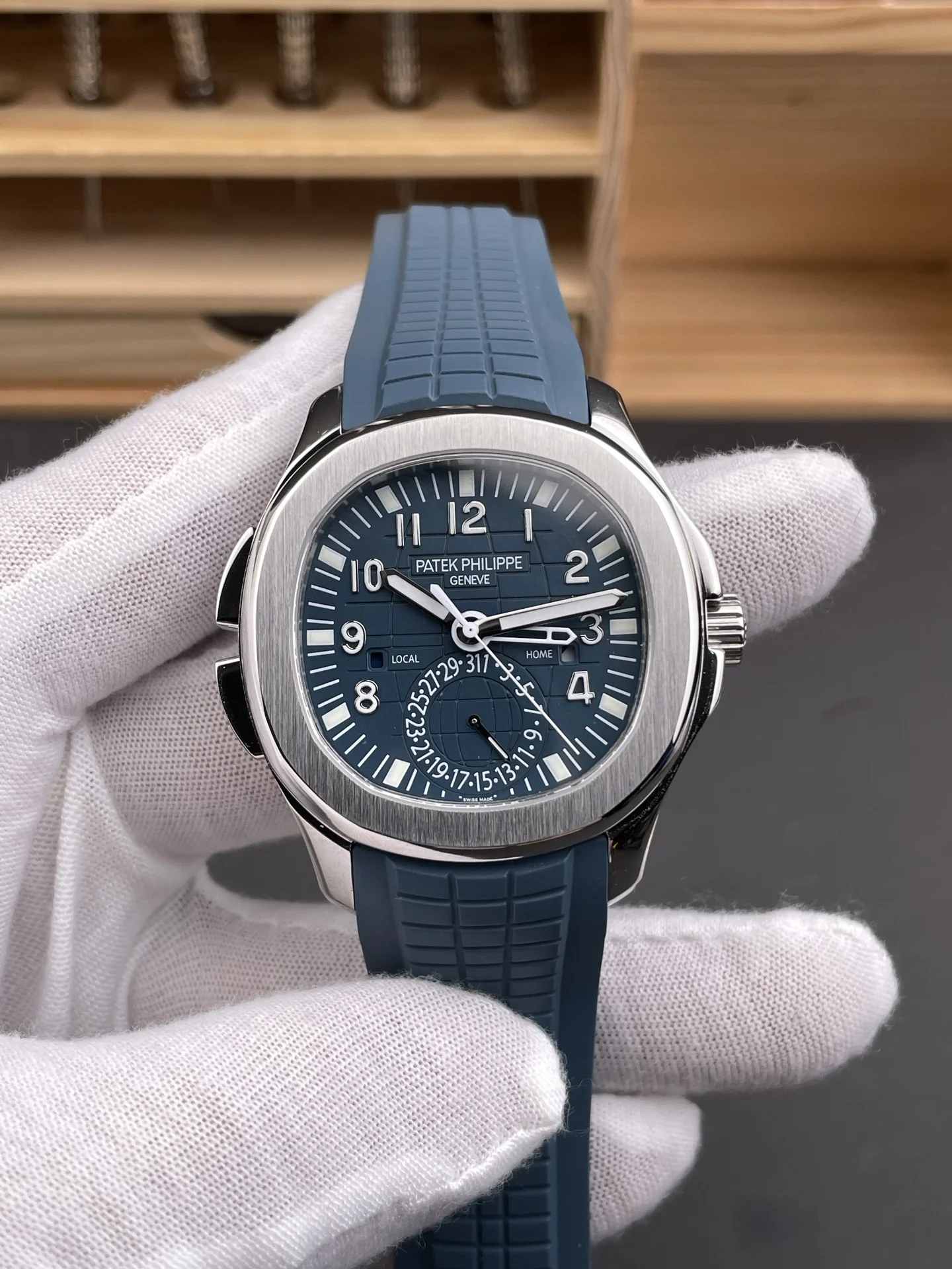 Patek Philippe Aquanaut Blue Dial 5164 — photographed off the sweep