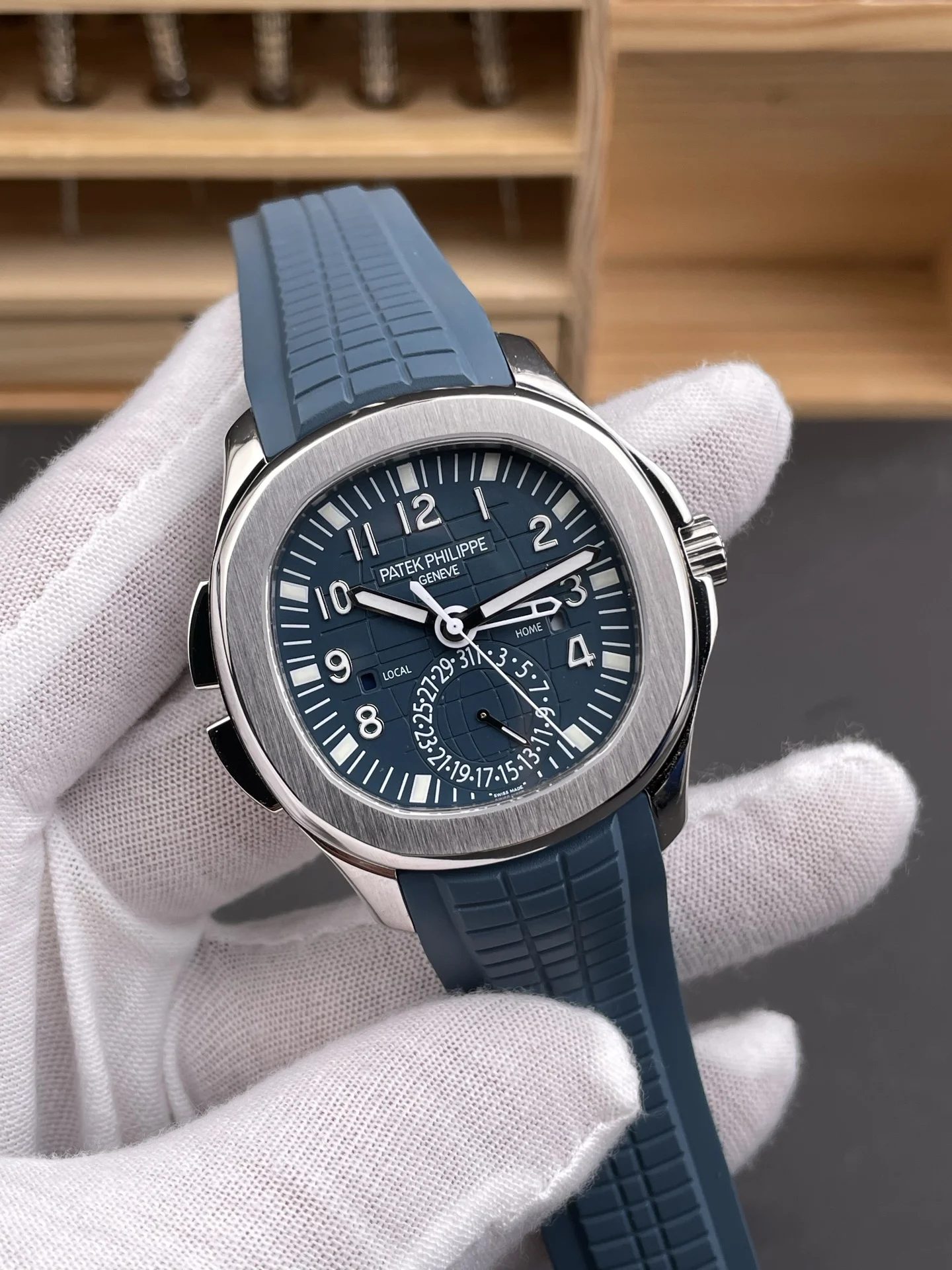 Patek Philippe Aquanaut Blue Dial 5164 — photographed off the sweep