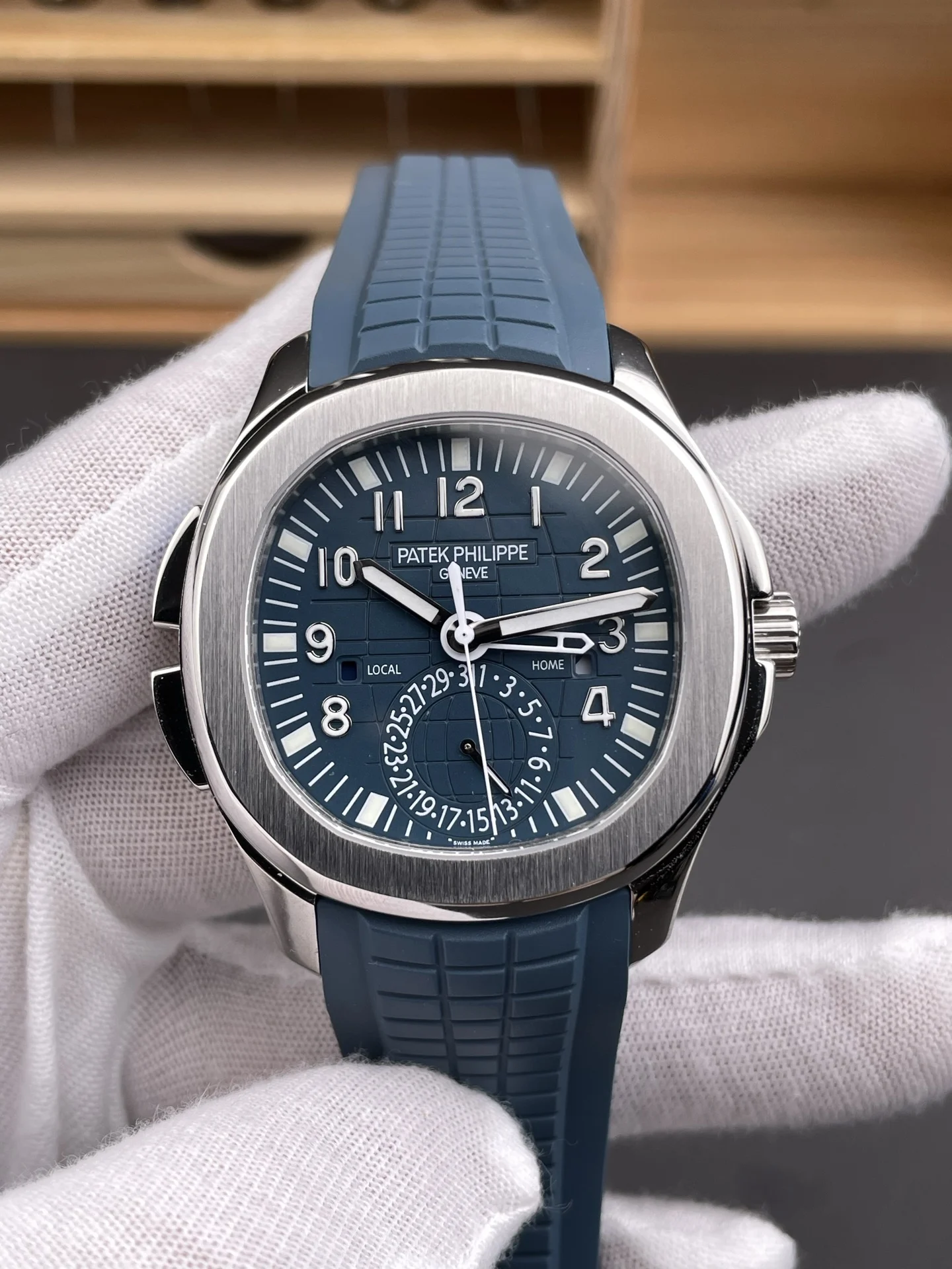 Patek Philippe Aquanaut Blue Dial 5164 — photographed off the sweep