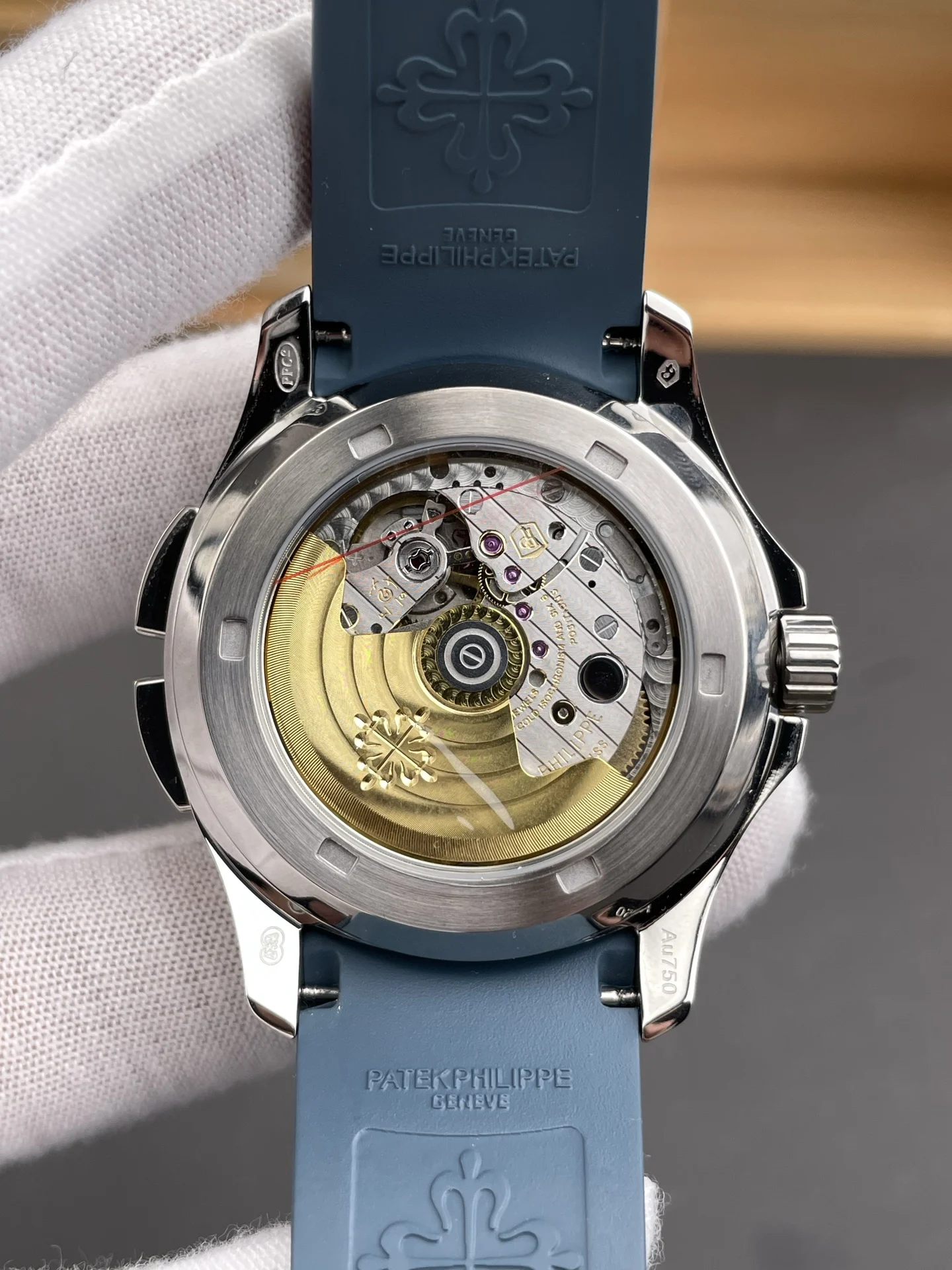 Patek Philippe Aquanaut Blue Dial 5164 — photographed off the sweep