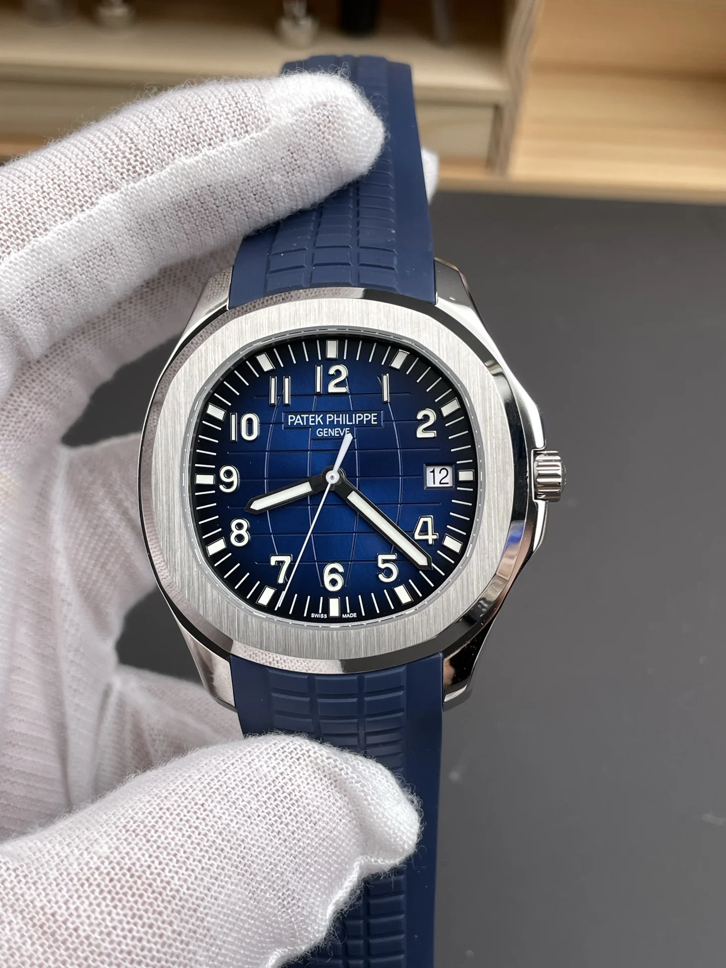 Patek Philippe Aquanaut Blue Dial 5168 42mm — photographed off the sweep
