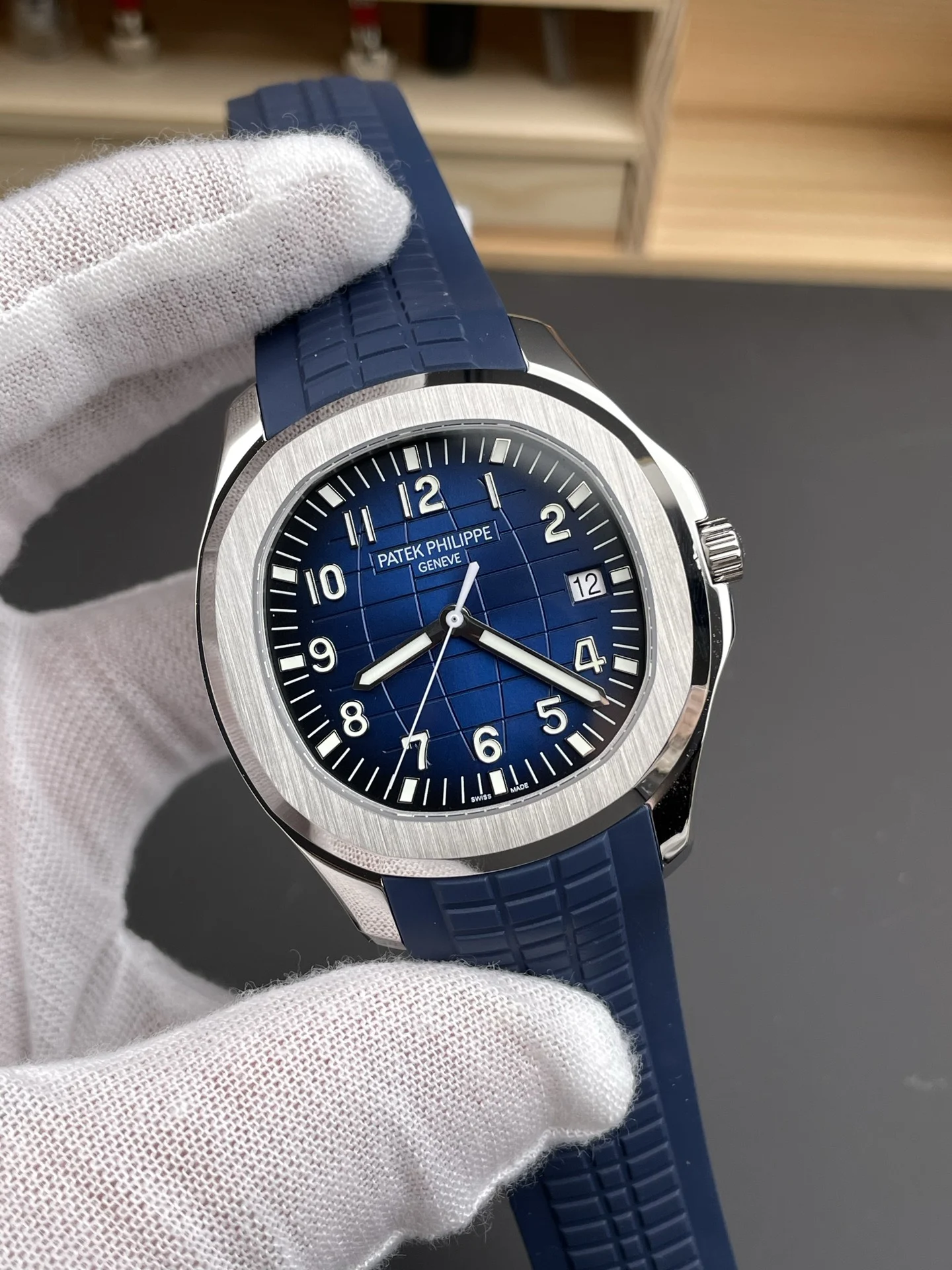 Patek Philippe Aquanaut Blue Dial 5168 42mm — photographed off the sweep