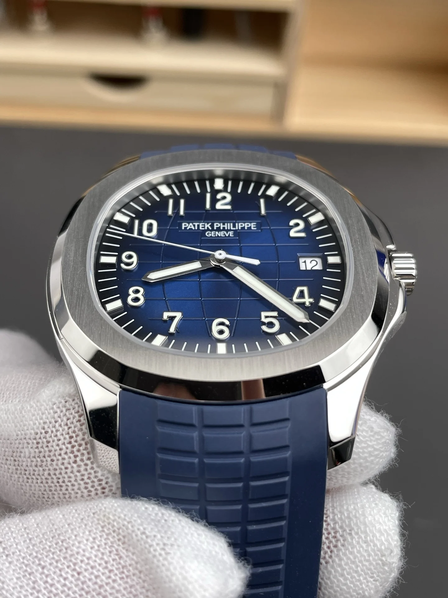 Patek Philippe Aquanaut Blue Dial 5168 42mm — photographed off the sweep