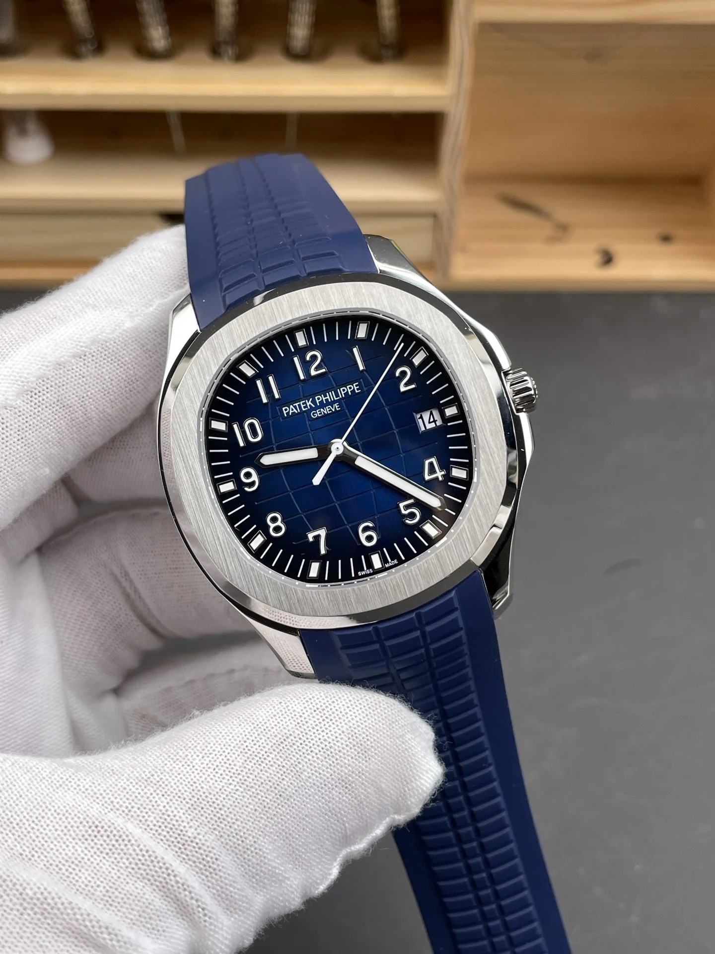 Patek Philippe Aquanaut Blue Dial 5168 42mm — photographed off the sweep