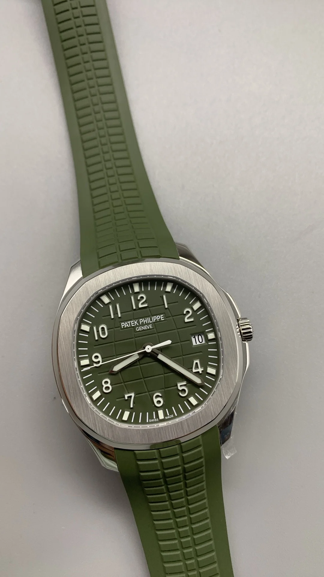 Patek Philippe Aquanaut Green Dial 5167 — photographed off the sweep
