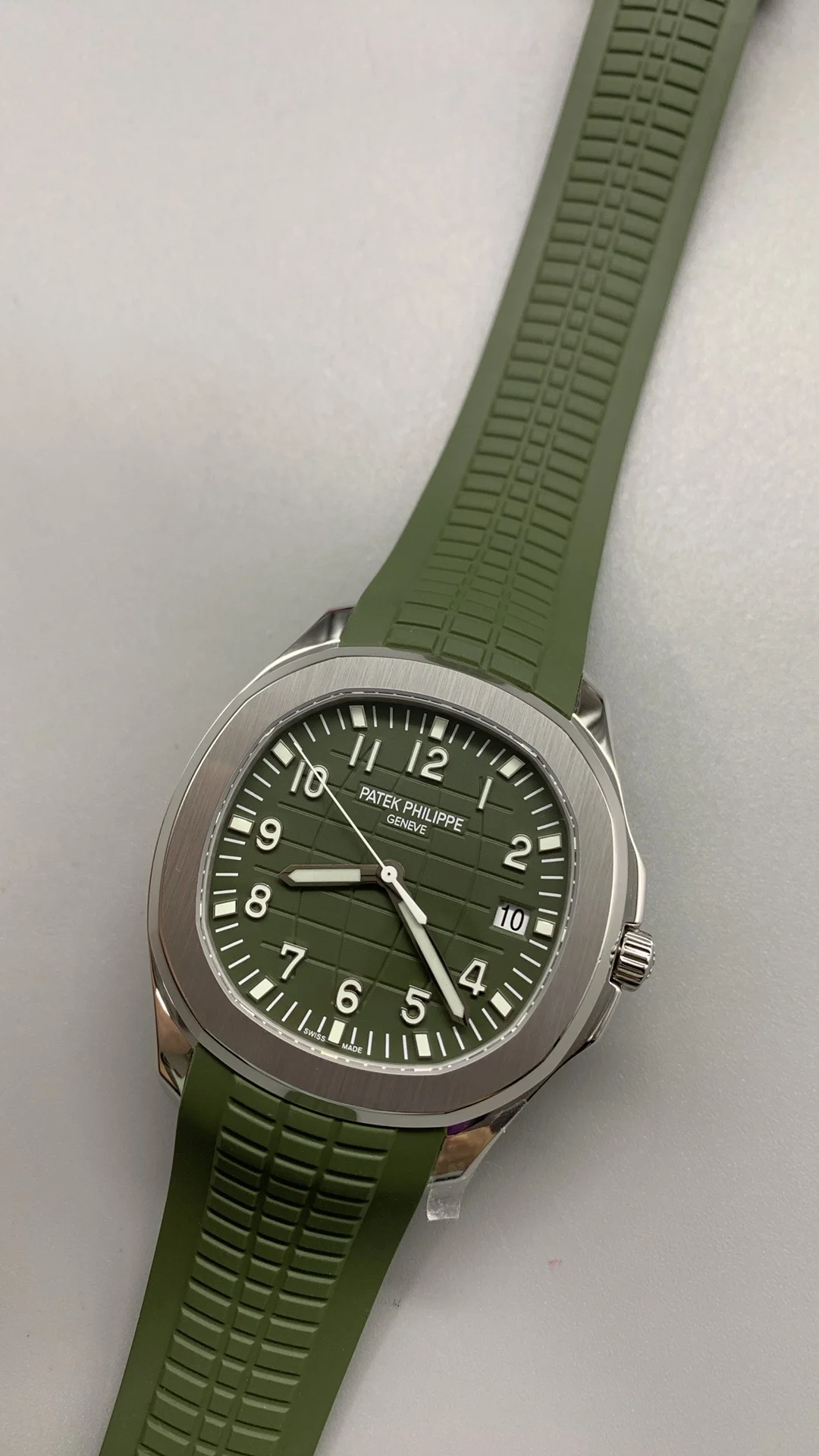 Patek Philippe Aquanaut Green Dial 5167 — photographed off the sweep