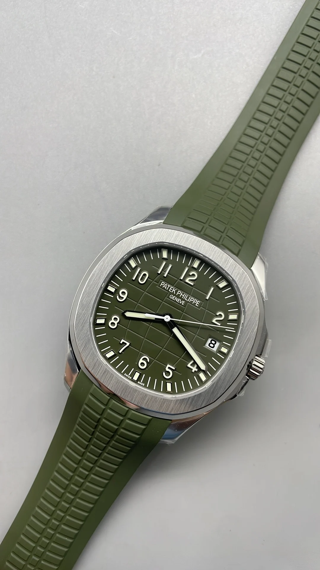 Patek Philippe Aquanaut Green Dial 5168 — photographed off the sweep