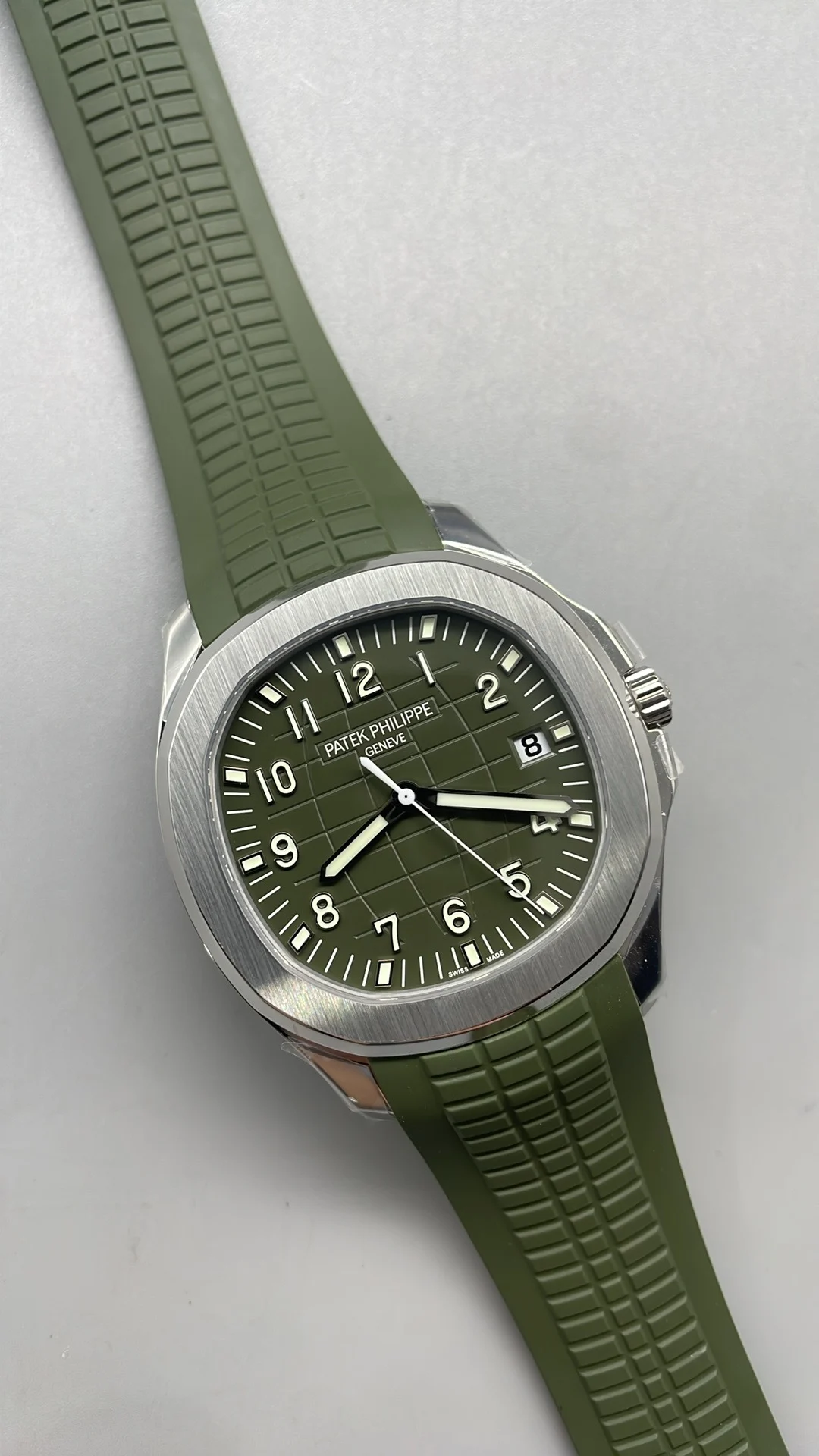 Patek Philippe Aquanaut Green Dial 5168 — photographed off the sweep