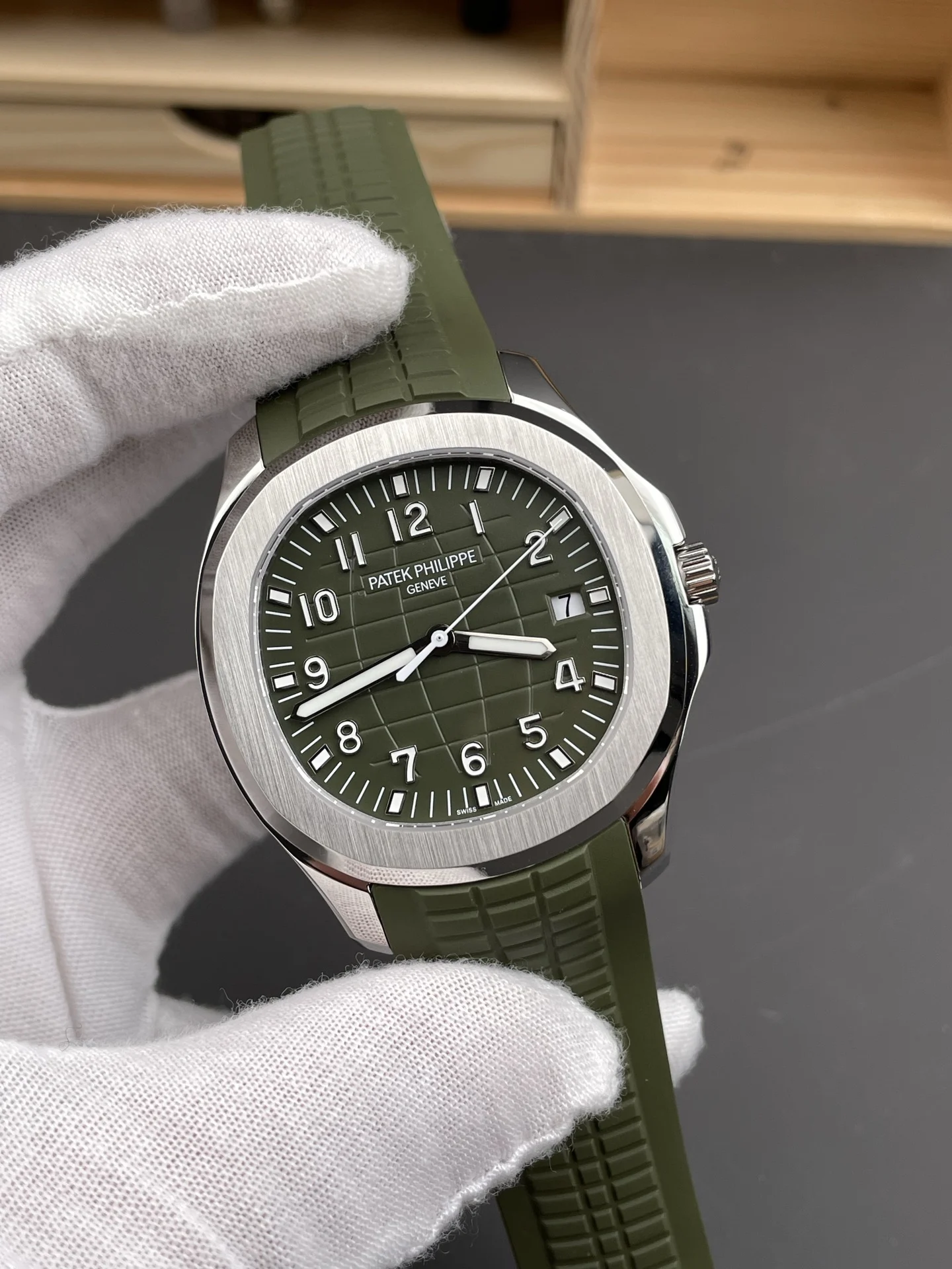 Patek Philippe Aquanaut Green Dial 5168G — photographed off the sweep