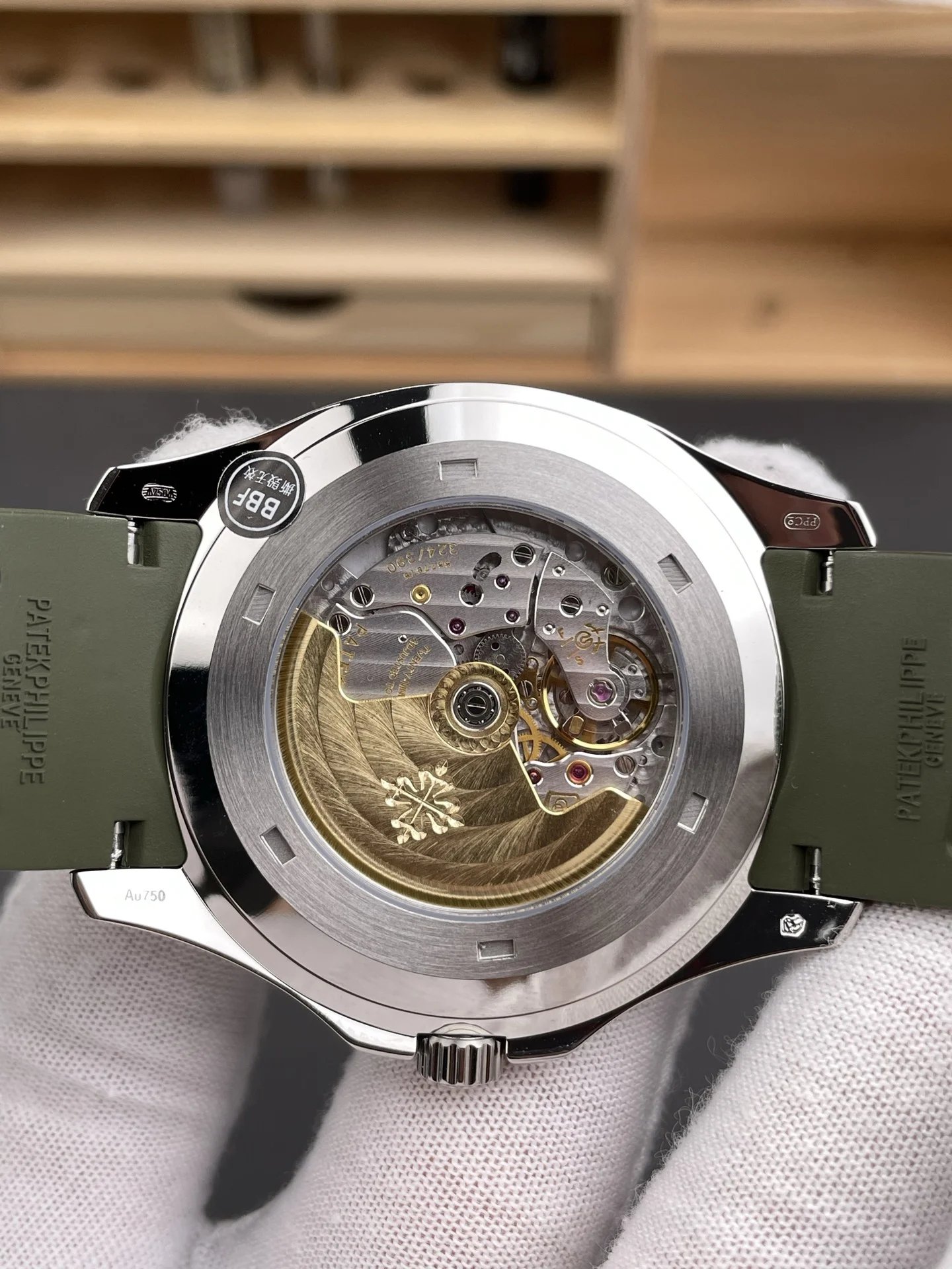 Patek Philippe Aquanaut Green Dial 5168G — photographed off the sweep
