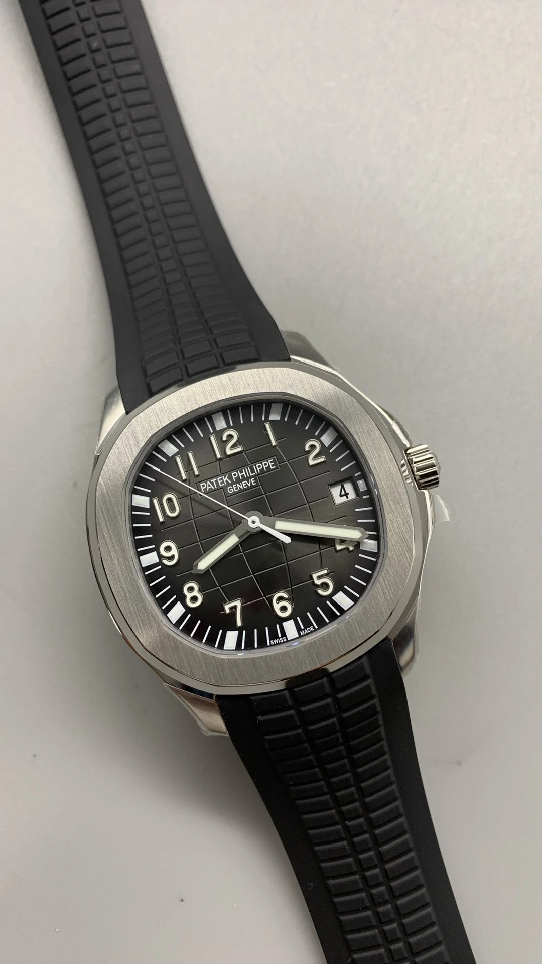 Patek Philippe Aquanaut Grey Dial 5167 — photographed off the sweep