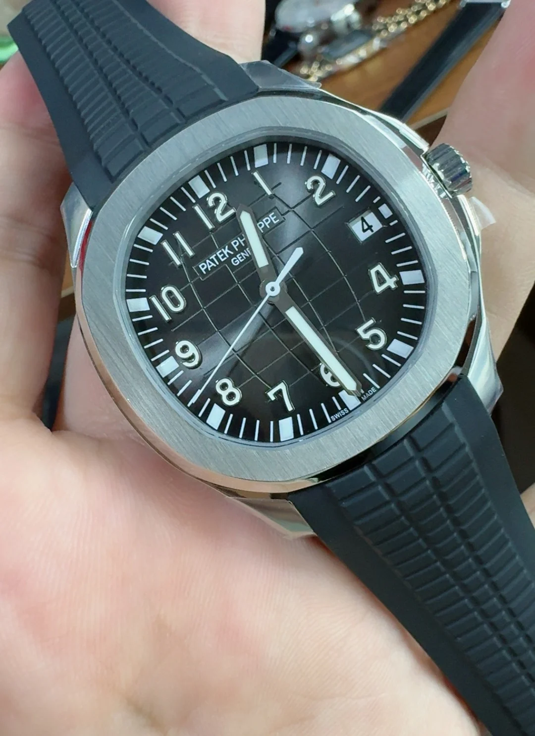 Patek Philippe Aquanaut Grey Dial 5167 — photographed off the sweep