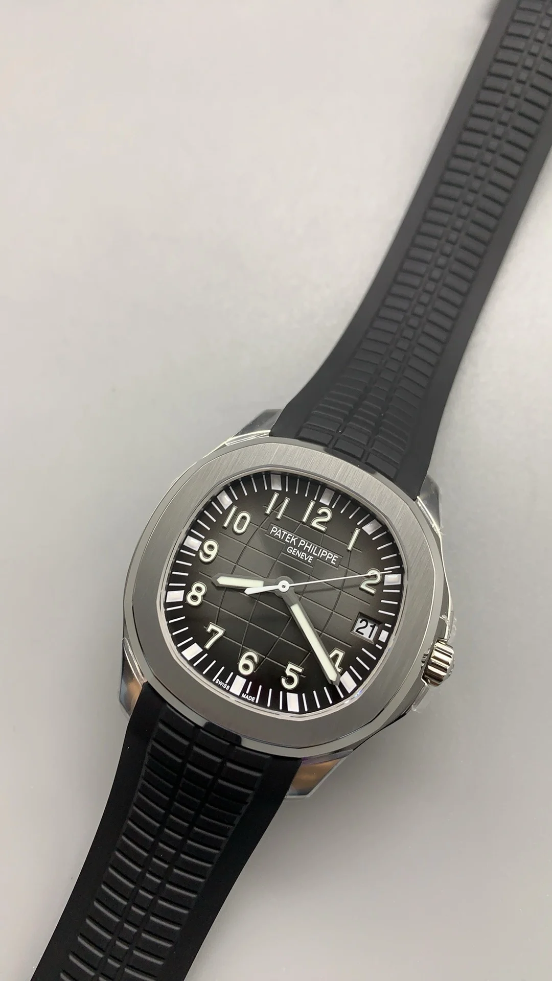 Patek Philippe Aquanaut Grey Dial 5167 — photographed off the sweep
