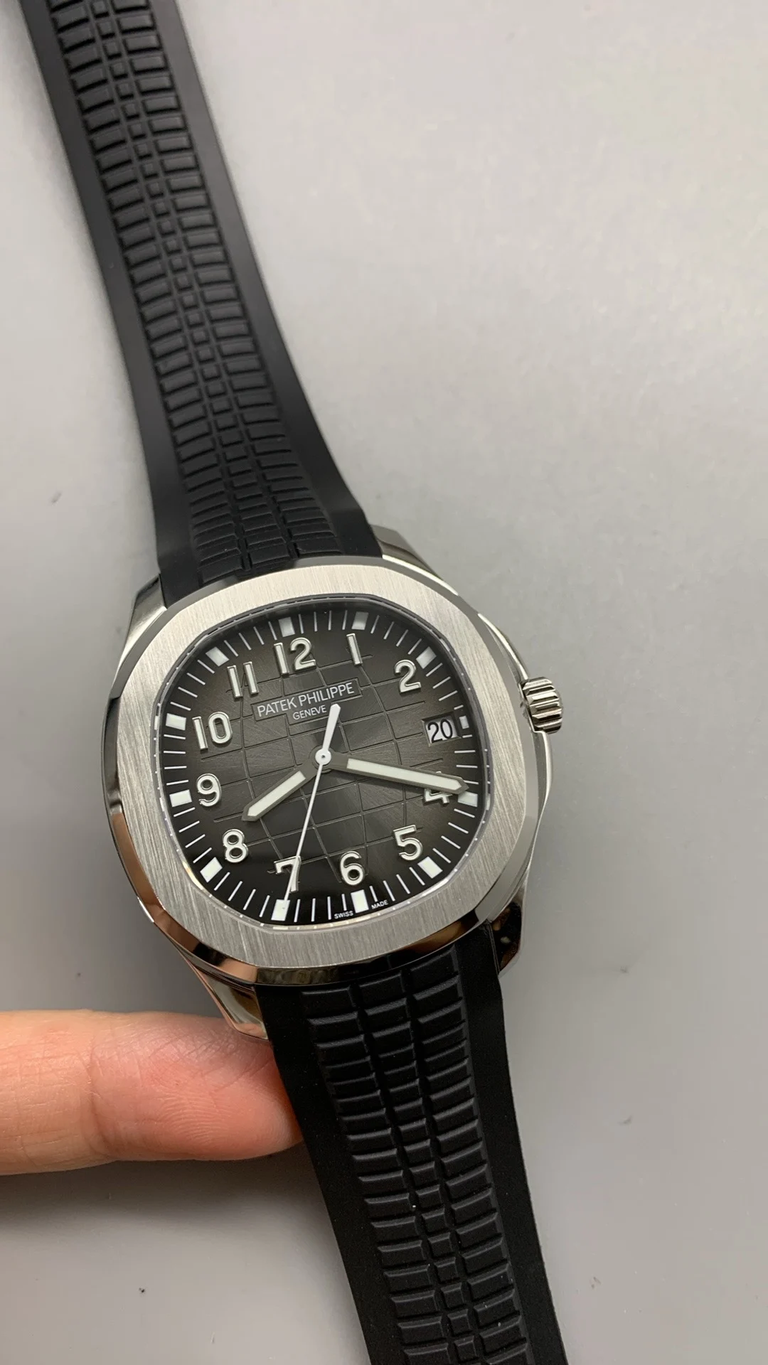 Patek Philippe Aquanaut Grey Dial 5167 — photographed off the sweep