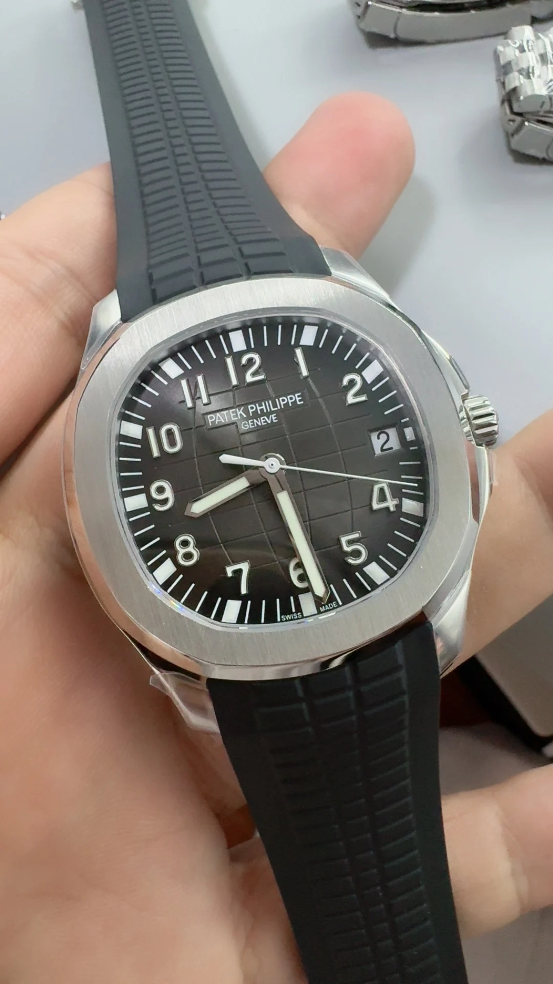 Patek Philippe Aquanaut Grey Dial 5167 — photographed off the sweep