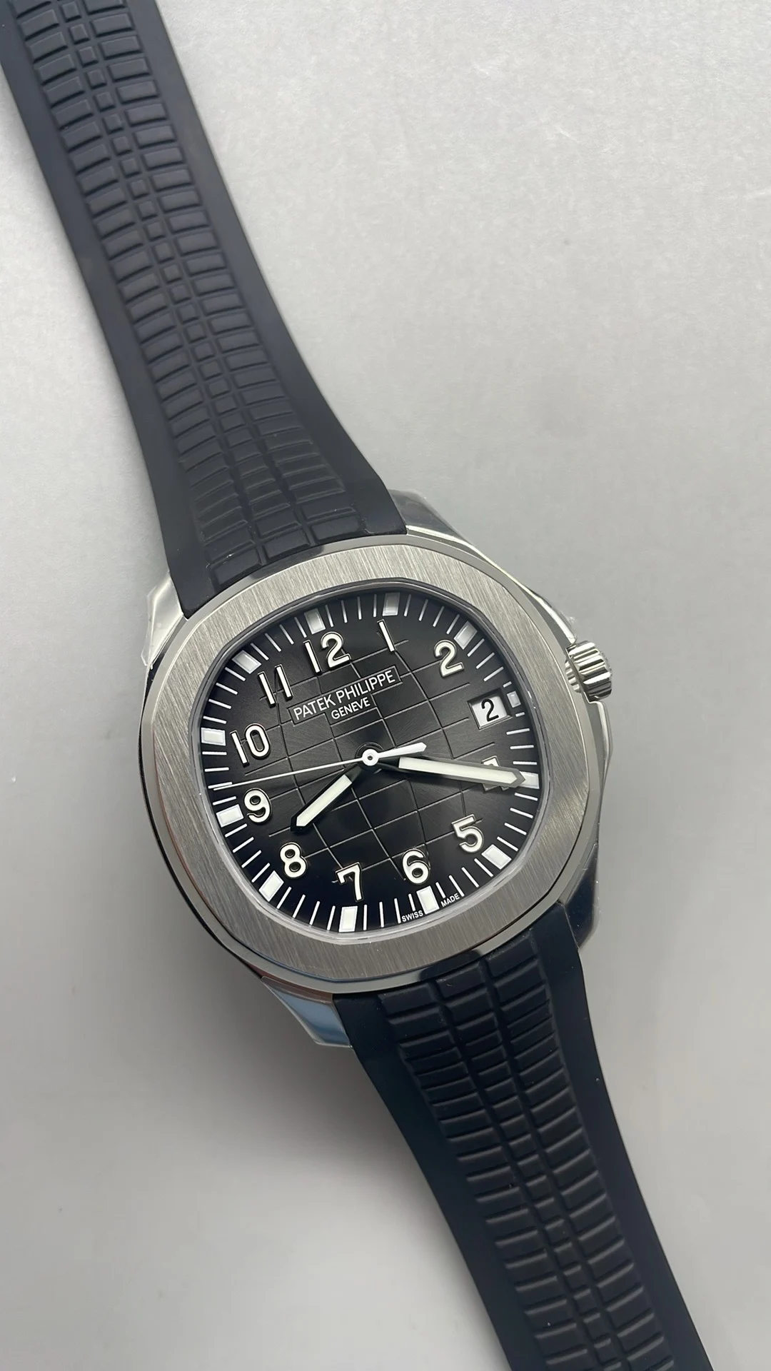 Patek Philippe Aquanaut Grey Dial 5167 — photographed off the sweep