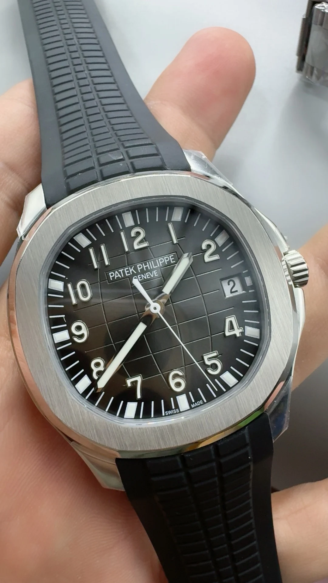 Patek Philippe Aquanaut Grey Dial 5167 — photographed off the sweep