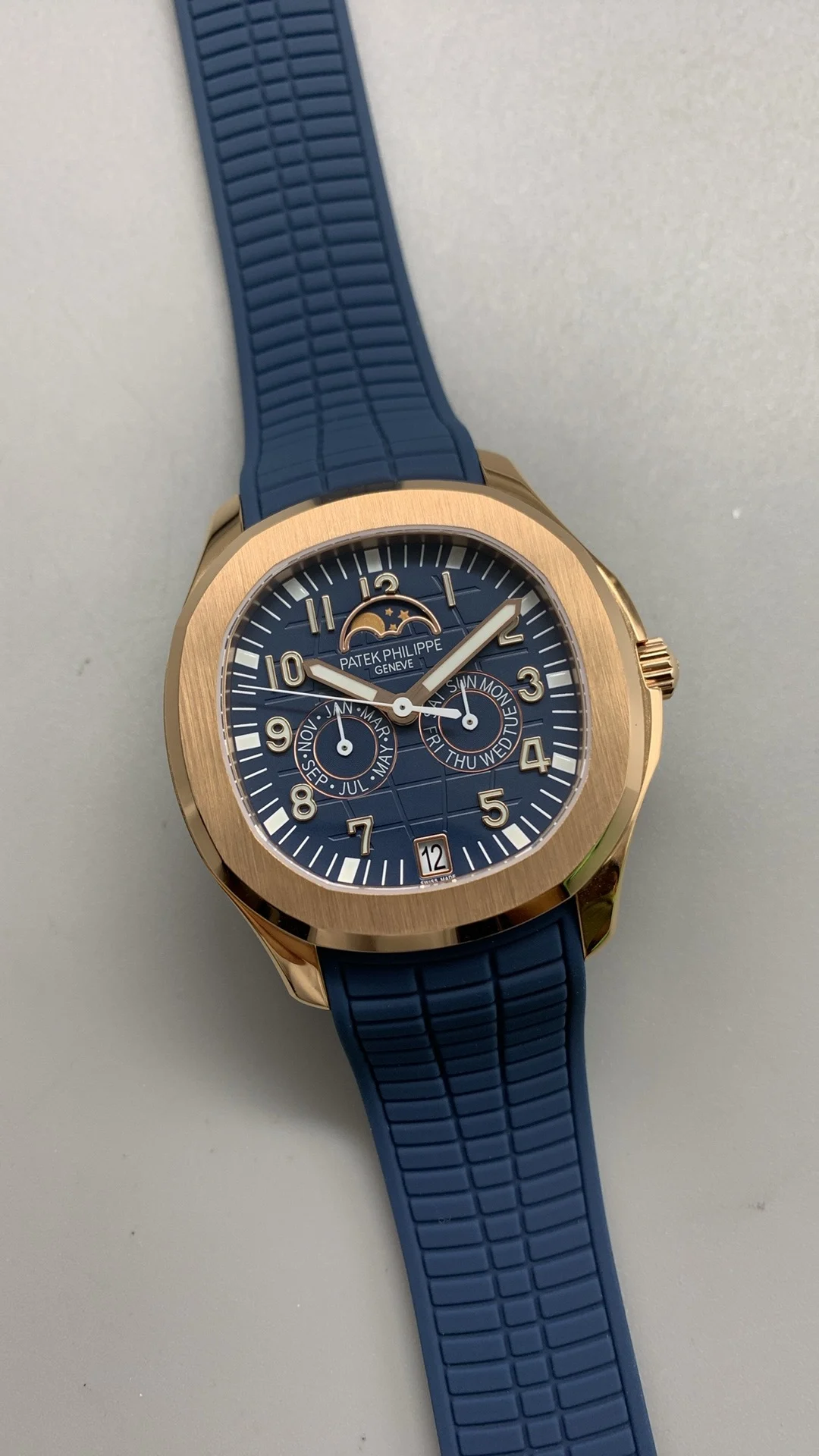 Patek Philippe Aquanaut Moon Phase — photographed off the sweep