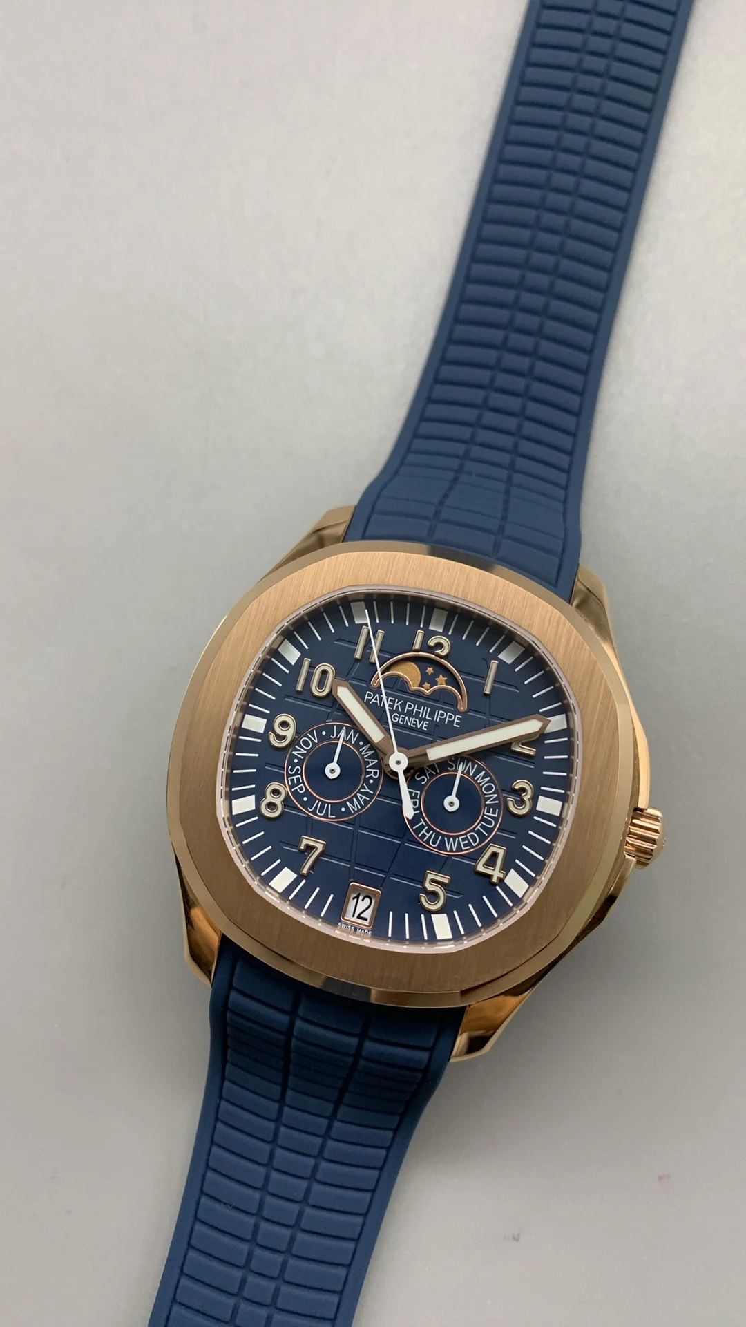 Patek Philippe Aquanaut Moon Phase — photographed off the sweep