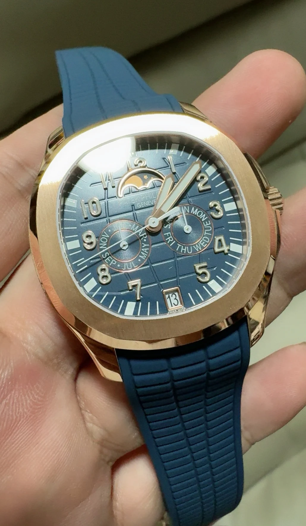 Patek Philippe Aquanaut Moon Phase — photographed off the sweep