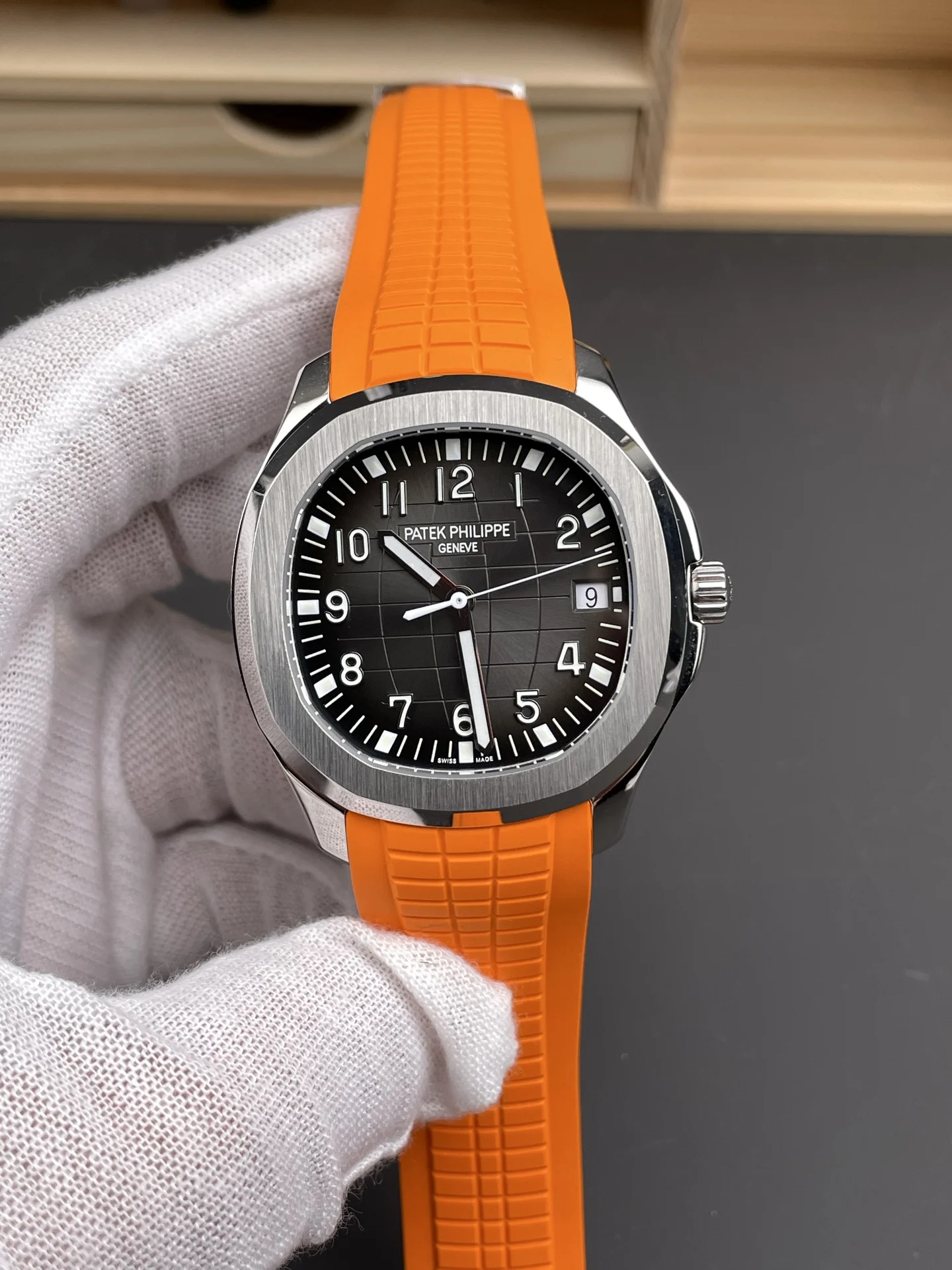 Patek Philippe Aquanaut Orange Dial 5167A — photographed off the sweep