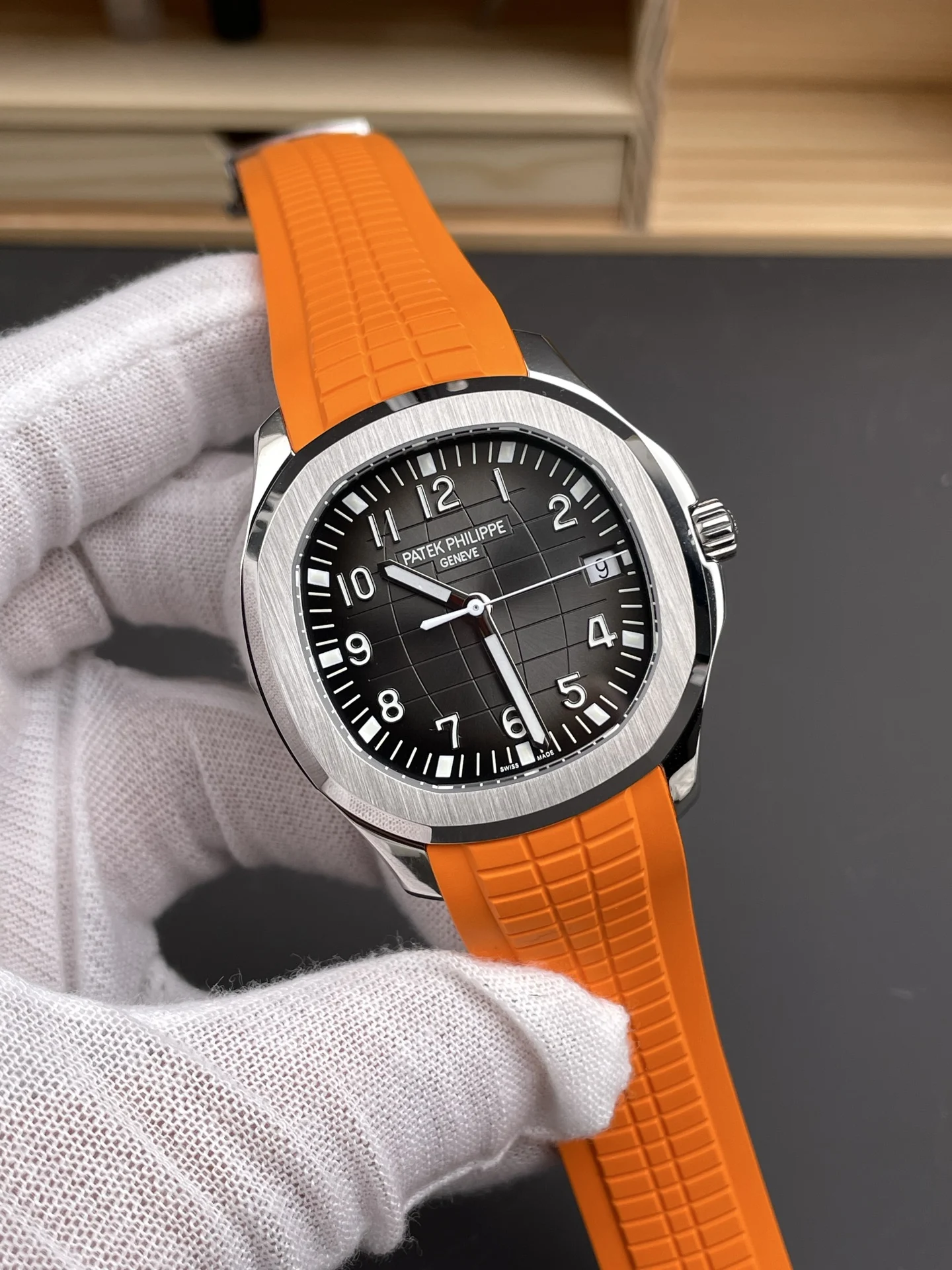 Patek Philippe Aquanaut Orange Dial 5167A — photographed off the sweep
