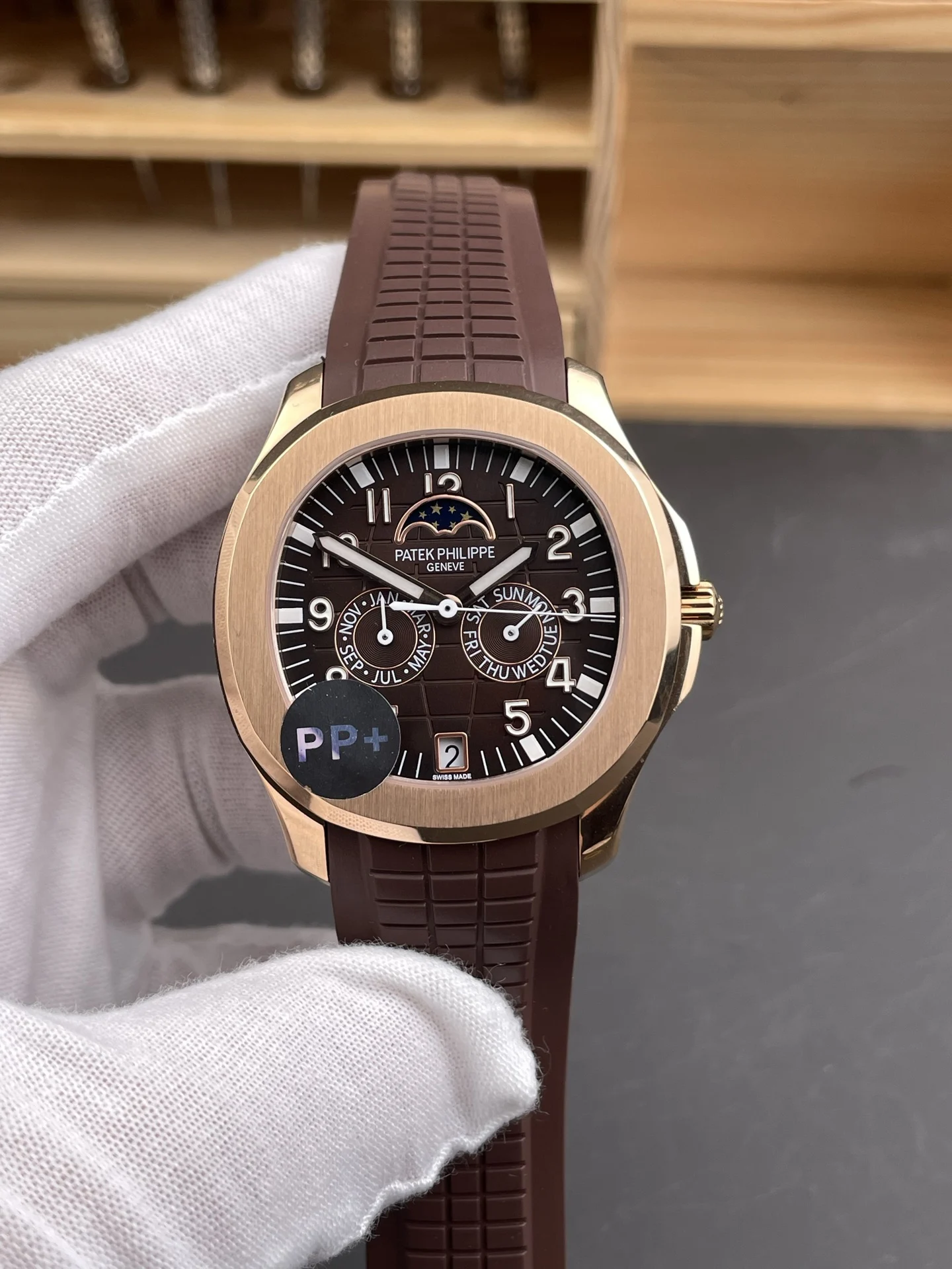 Patek Philippe Aquanaut Rose Gold Brown Dial 5261 — photographed off the sweep
