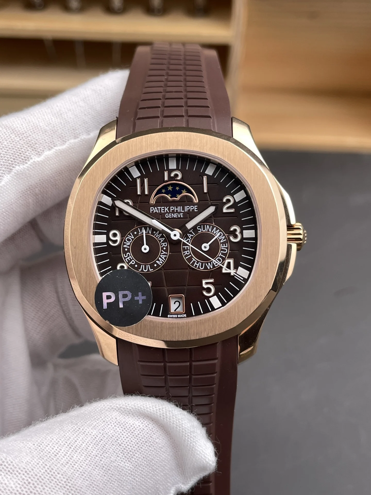 Patek Philippe Aquanaut Rose Gold Brown Dial 5261 — photographed off the sweep
