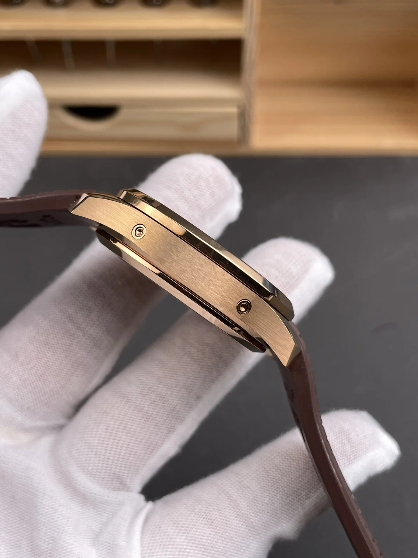 Patek Philippe Aquanaut Rose Gold Brown Dial 5261 — photographed off the sweep