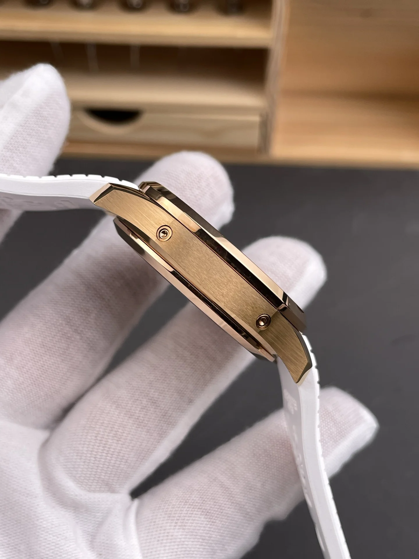 Patek Philippe Aquanaut Rose Gold White Dial 5261 — photographed off the sweep