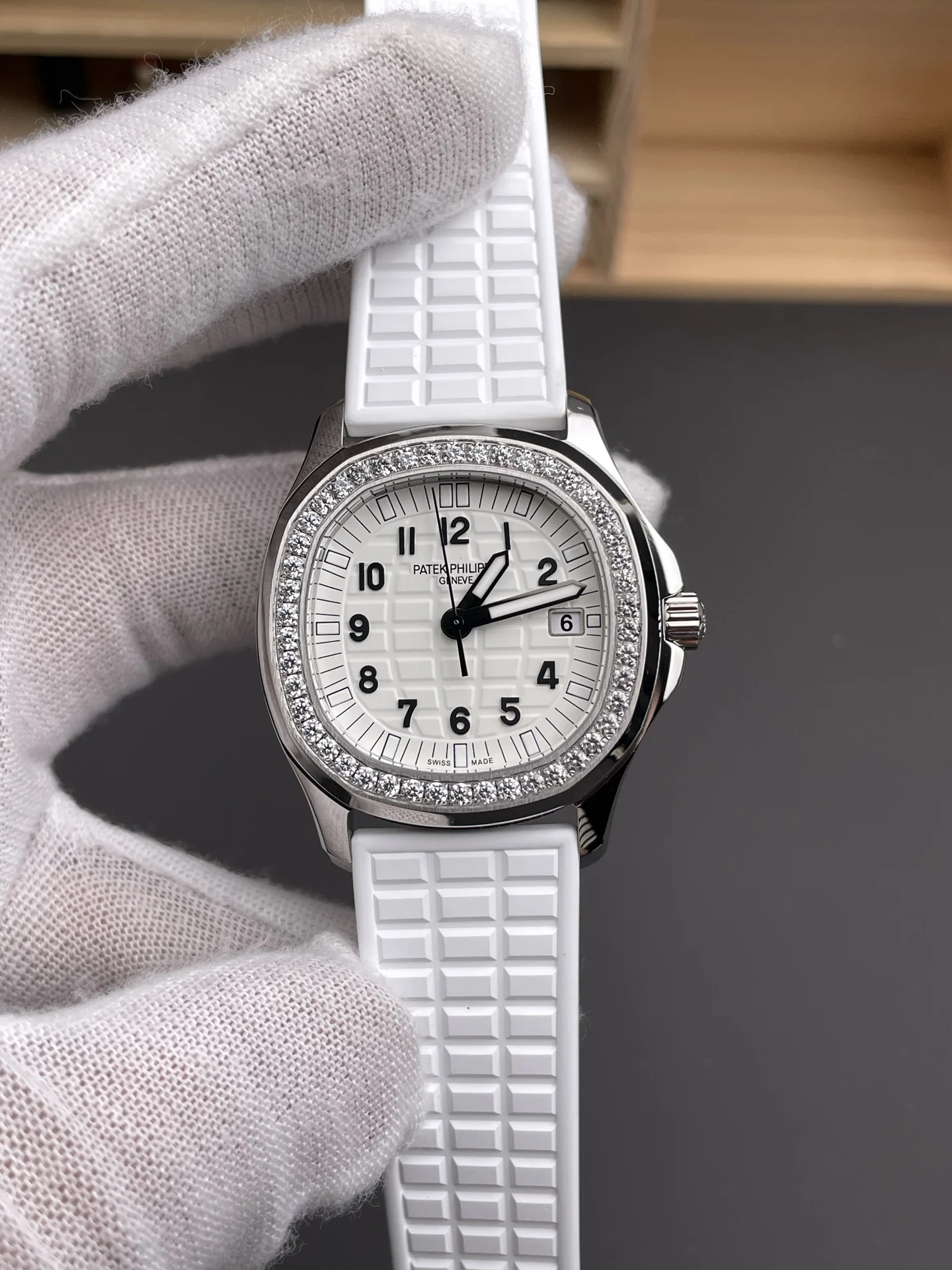 Patek Philippe Aquanaut White Dial Diamond-Set 35.6mm — photographed off the sweep