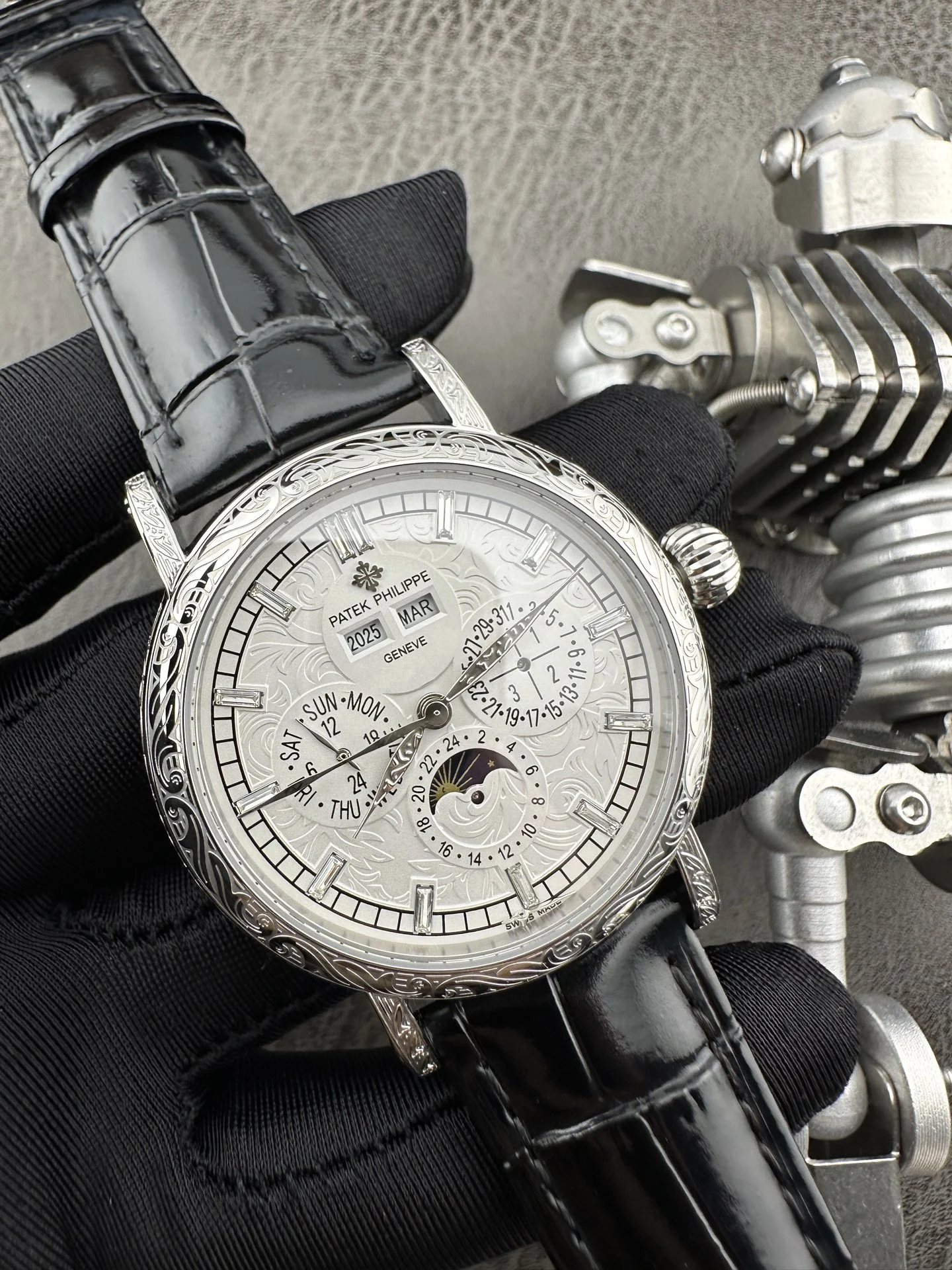 Patek Philippe Calatrava Perpetual Calendar 42mm — photographed off the sweep