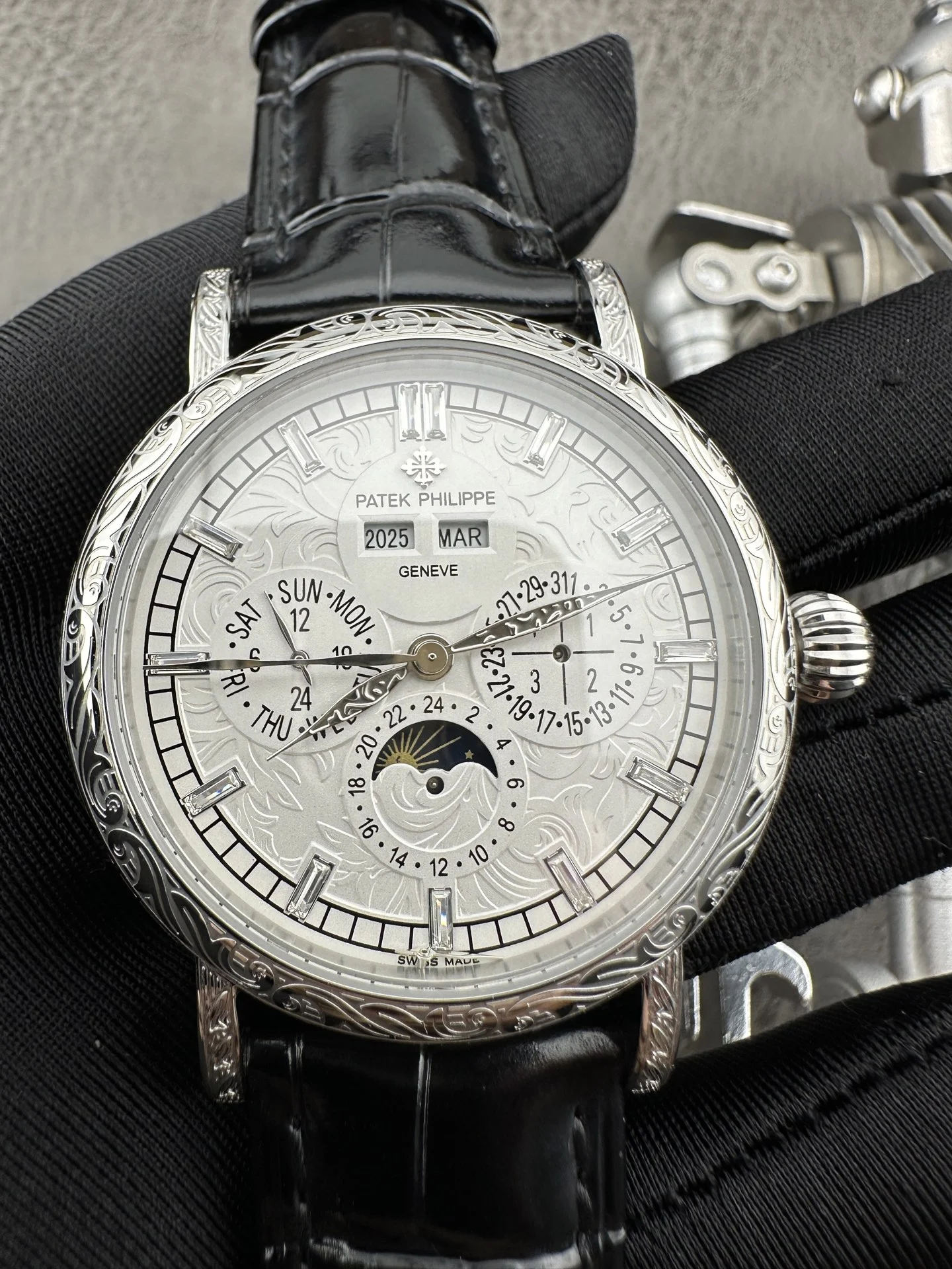 Patek Philippe Calatrava Perpetual Calendar 42mm — photographed off the sweep