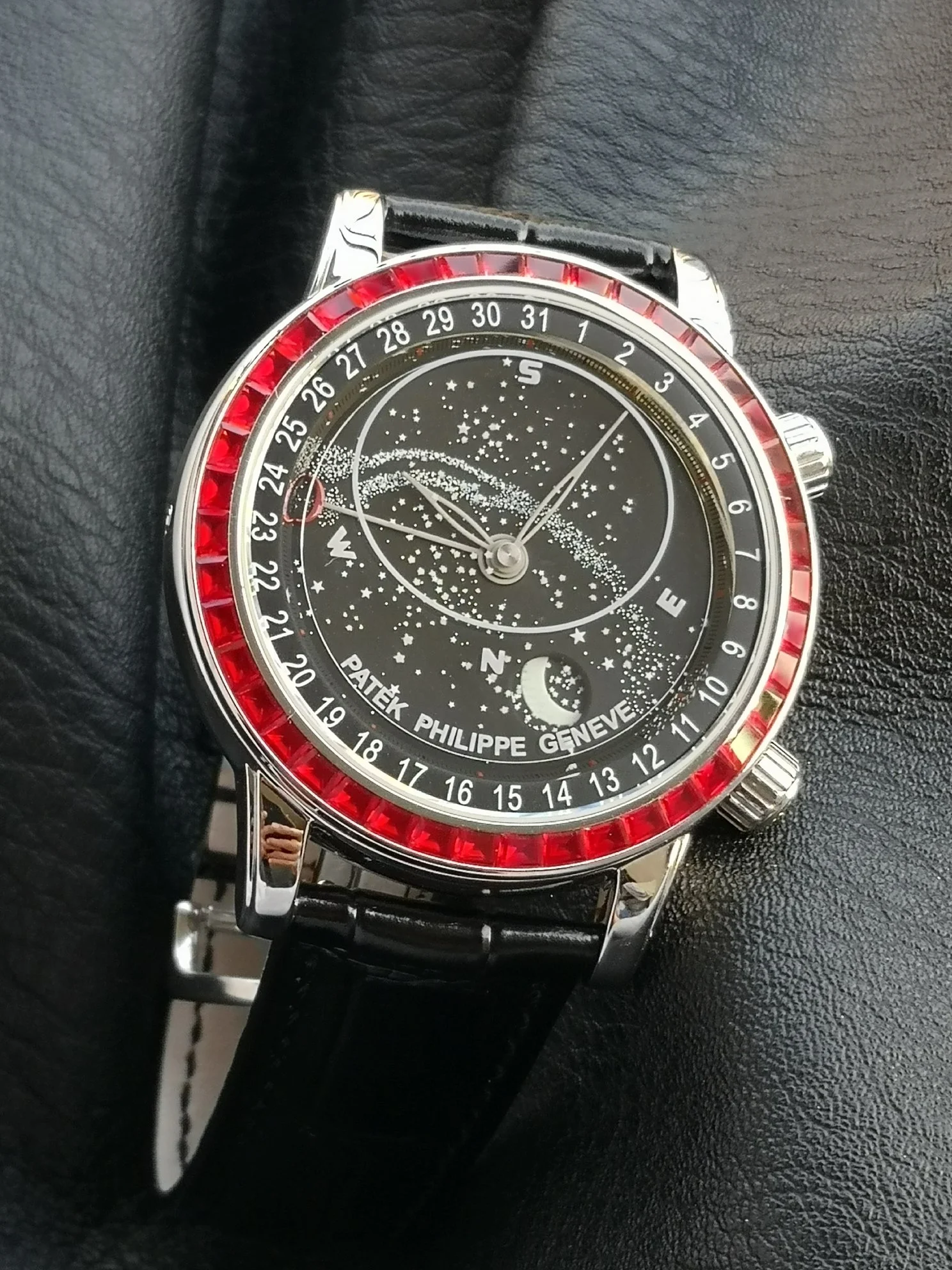 Patek Philippe Moon Phase 6104G — photographed off the sweep