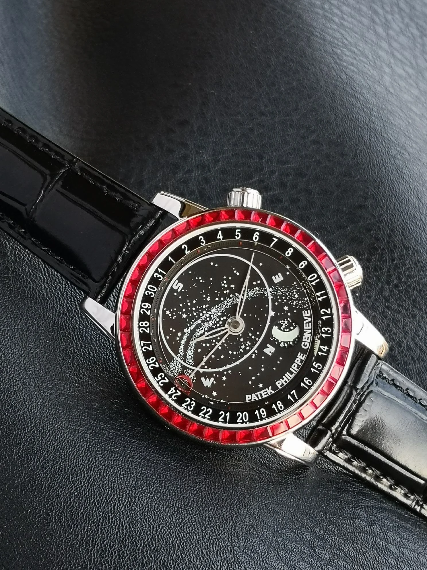 Patek Philippe Moon Phase 6104G — photographed off the sweep