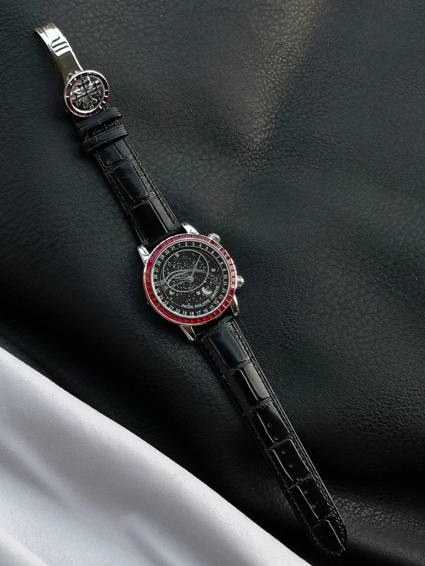 Patek Philippe Moon Phase 6104G — photographed off the sweep