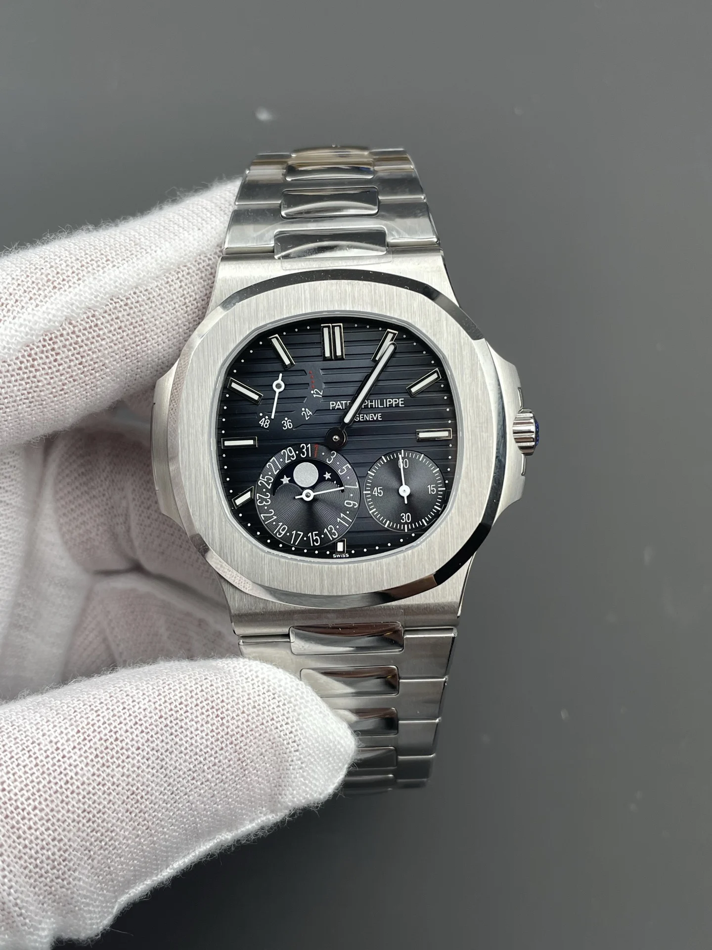 Patek Philippe Nautilus 5712 — photographed off the sweep
